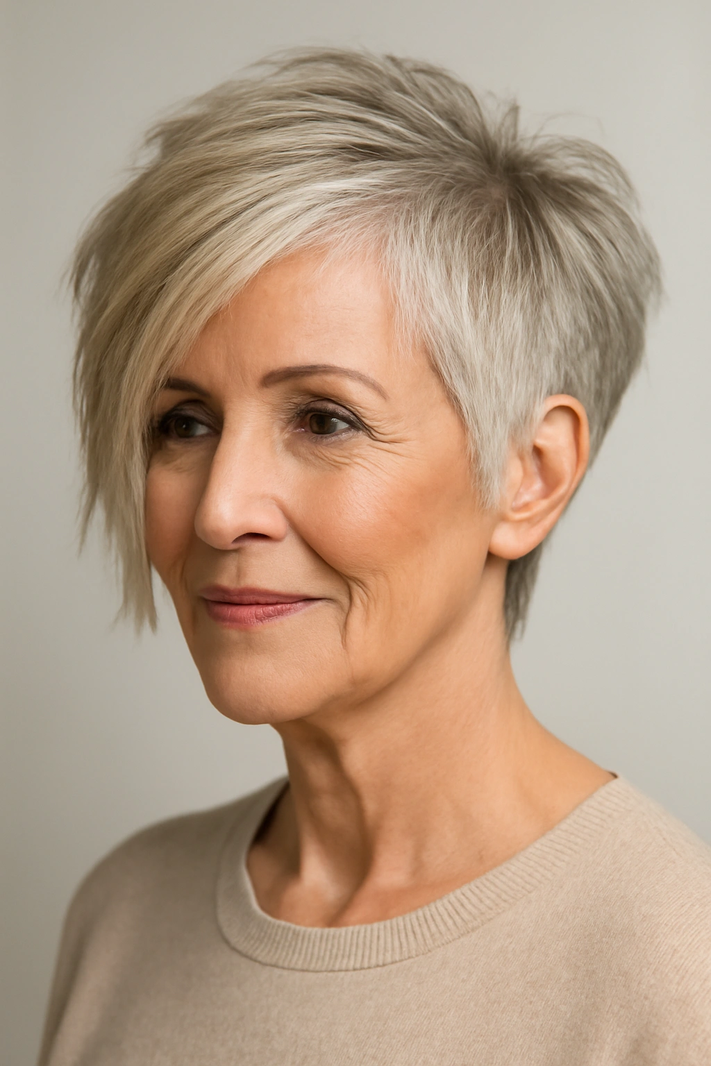 Woman over 70 with an asymmetrical chop hairstyle featuring choppy layers and uneven lengths.