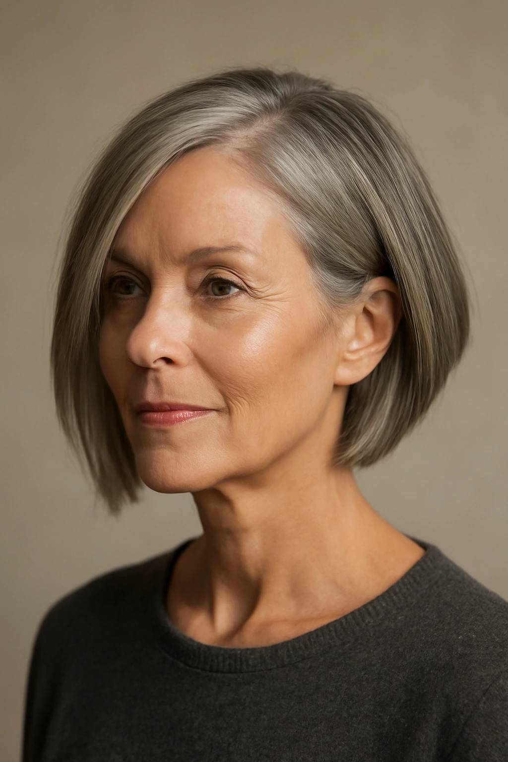 Woman over 50 with an asymmetrical cut showing length difference