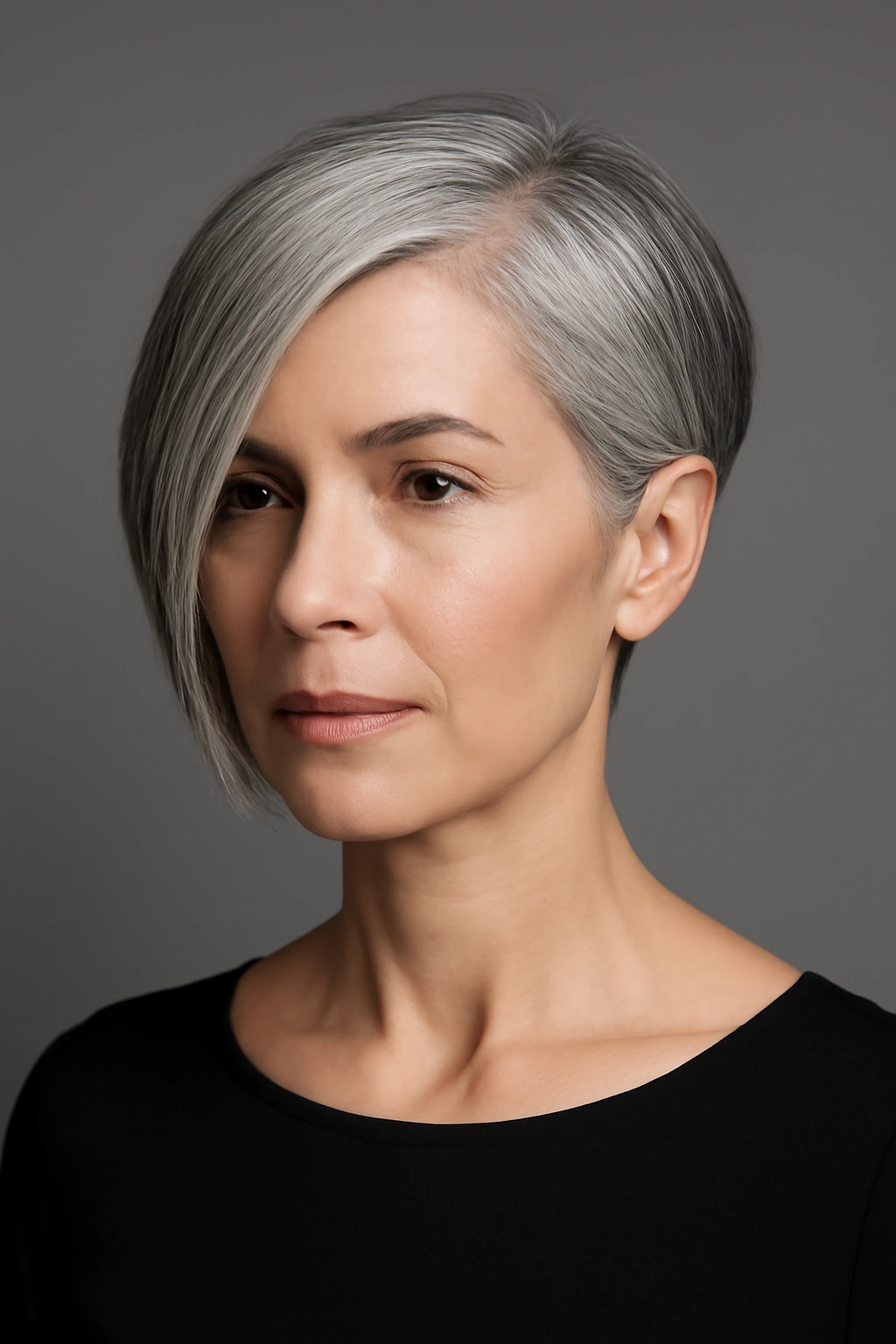 Modern sleek asymmetrical haircut with silver and gray tones on a mature woman