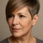 Close-up of an asymmetrical pixie haircut on a round-faced woman