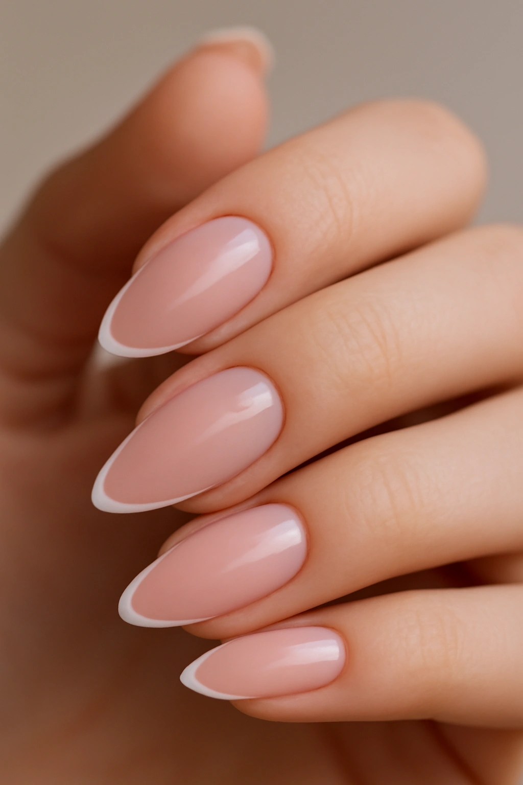 Almond nails in baby pink with a thin white tip line
