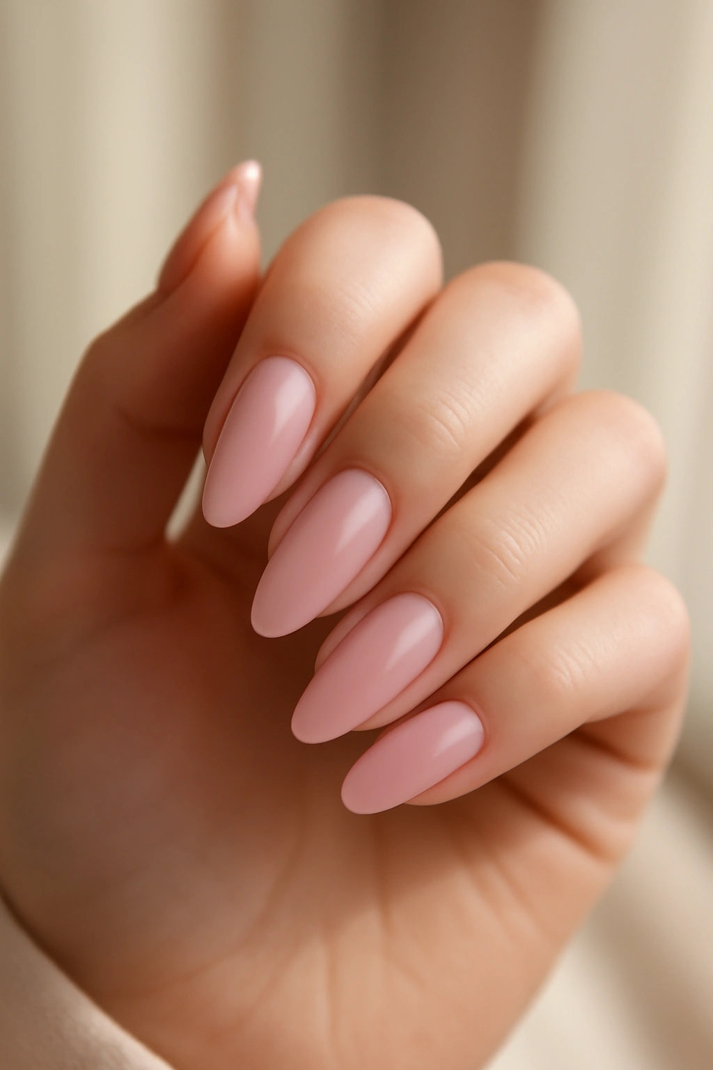 Soft baby pink nail polish on almond shaped nails for fair skin