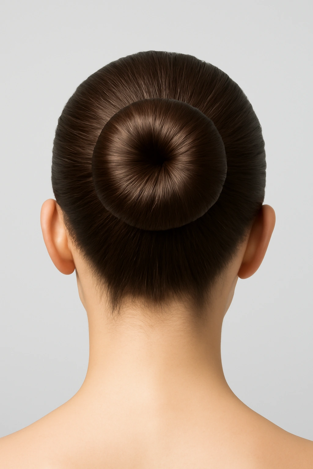 A classic sleek ballerina bun high on the head with a smooth and polished finish.