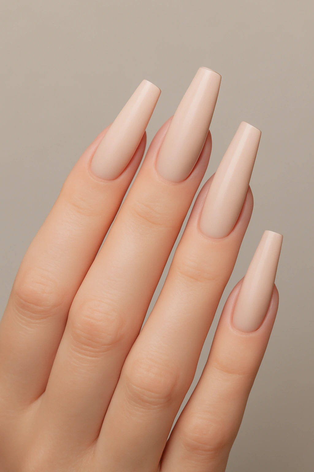 Small hands with long nude ballerina coffin shaped nails featuring flat squared tips.