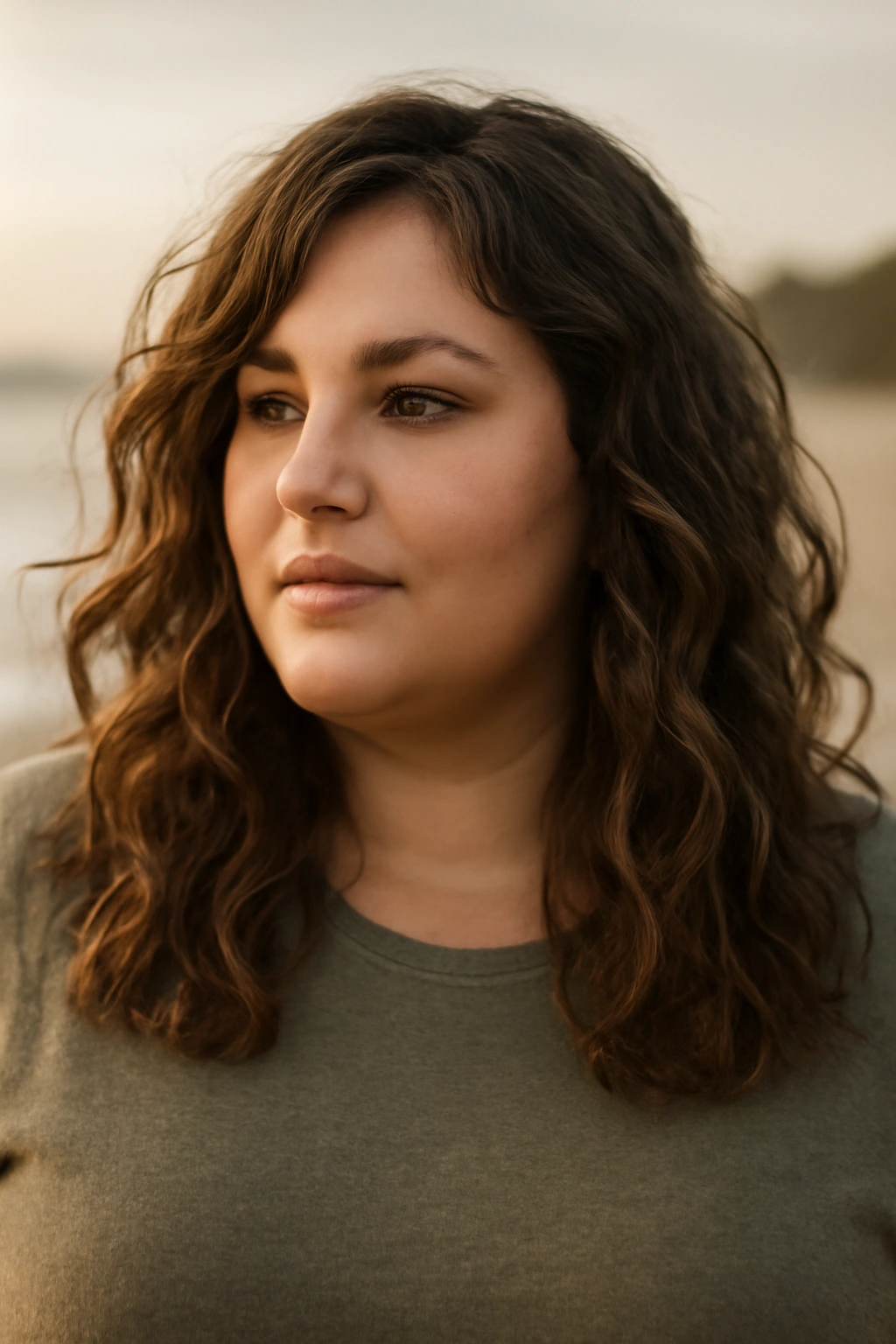 Plus-size woman with loose beachy waves and natural texture
