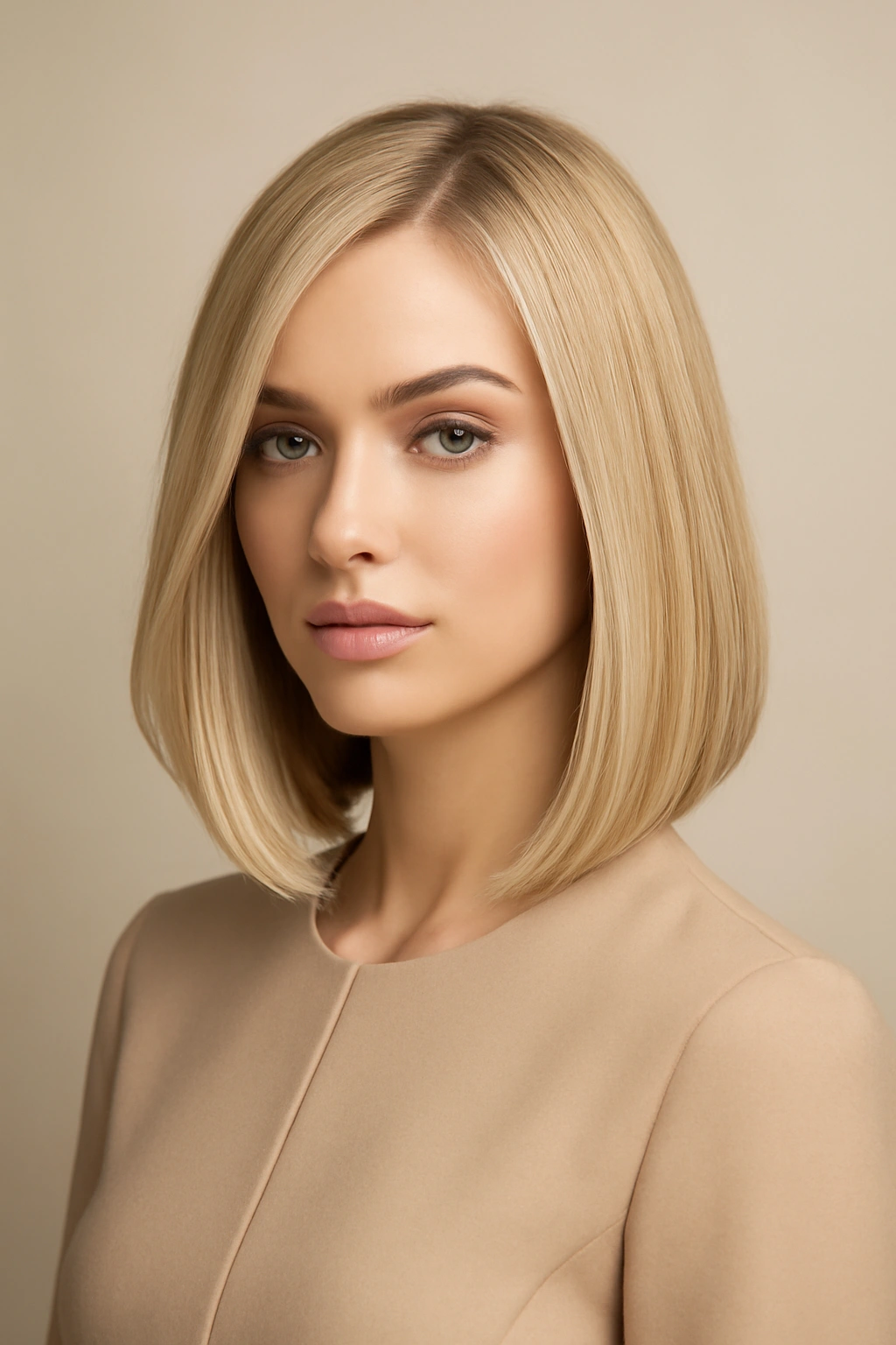 A chic beige blonde lob haircut on a woman, featuring a neutral blonde tone and a professional long bob style.