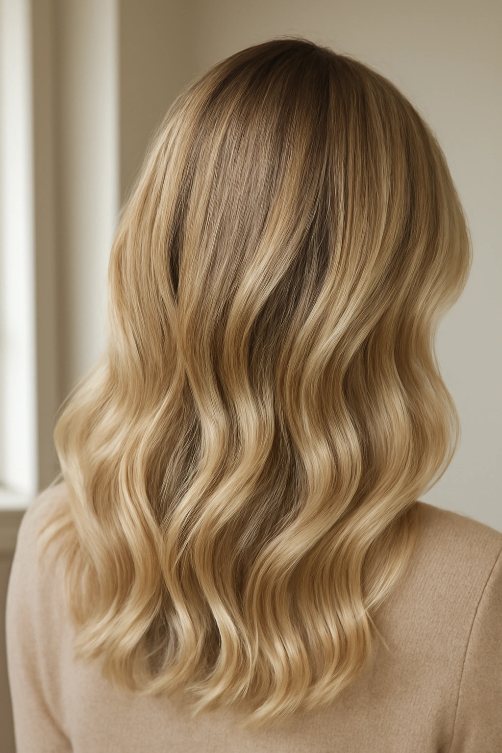 Sophisticated beige blonde balayage with creamy and sandy tones on curly hair.