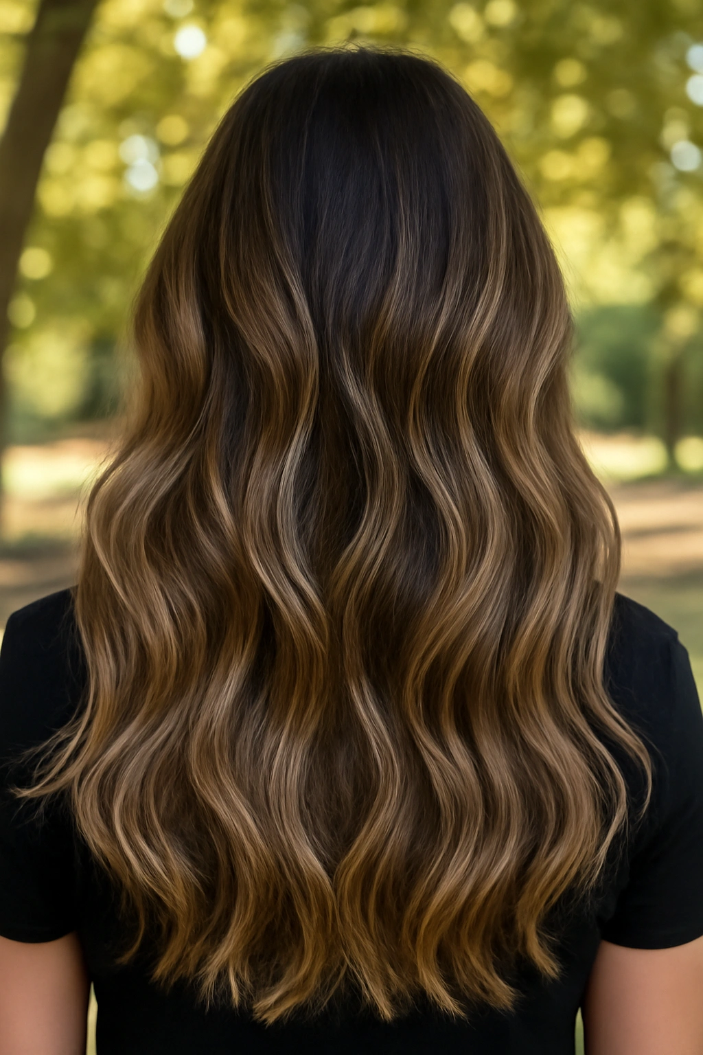 Natural beige brown balayage with sandy highlights on dark brunette hair.