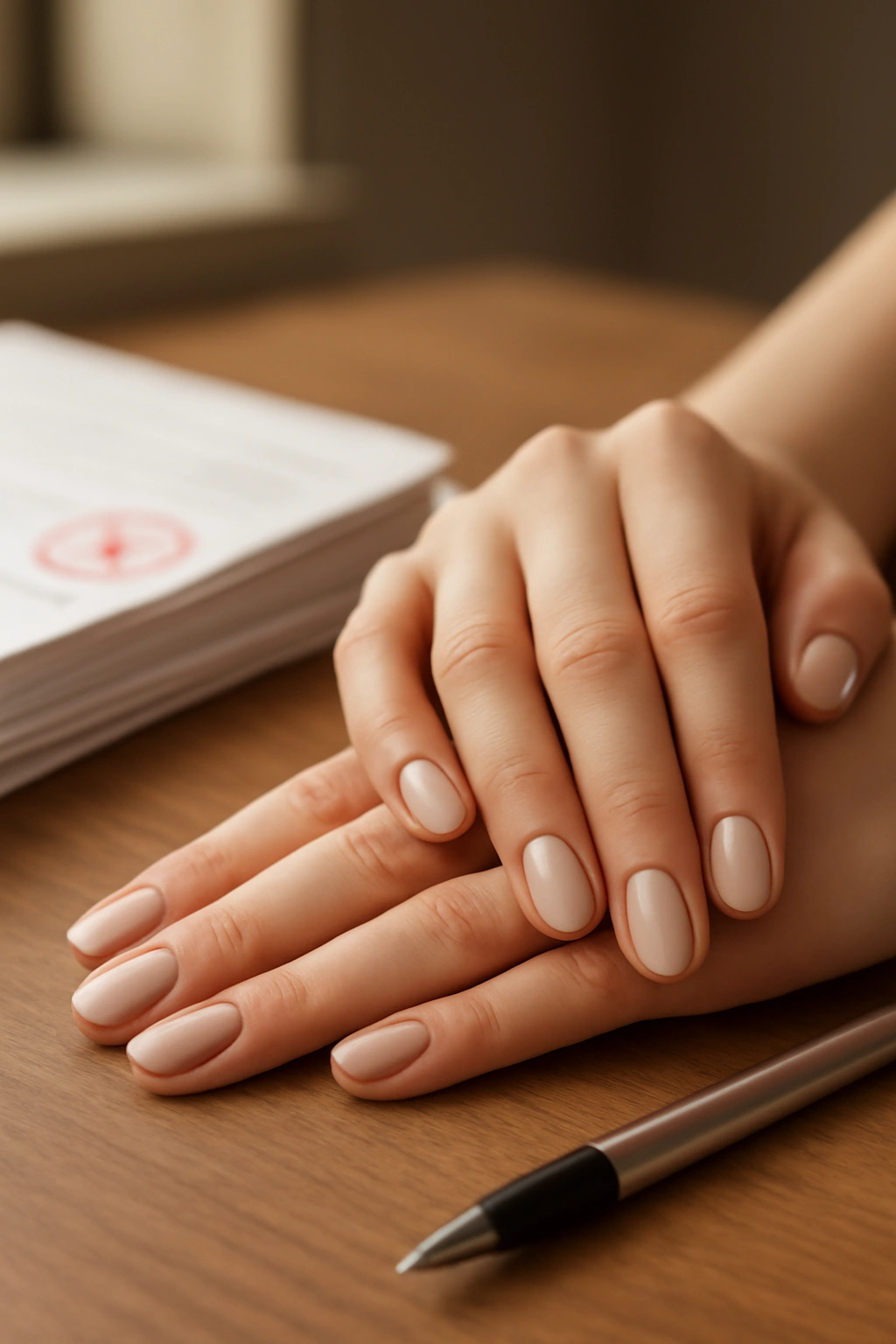 Close up of a teacher's hands with soft beige manicured nails resting on a wooden desk with papers.
