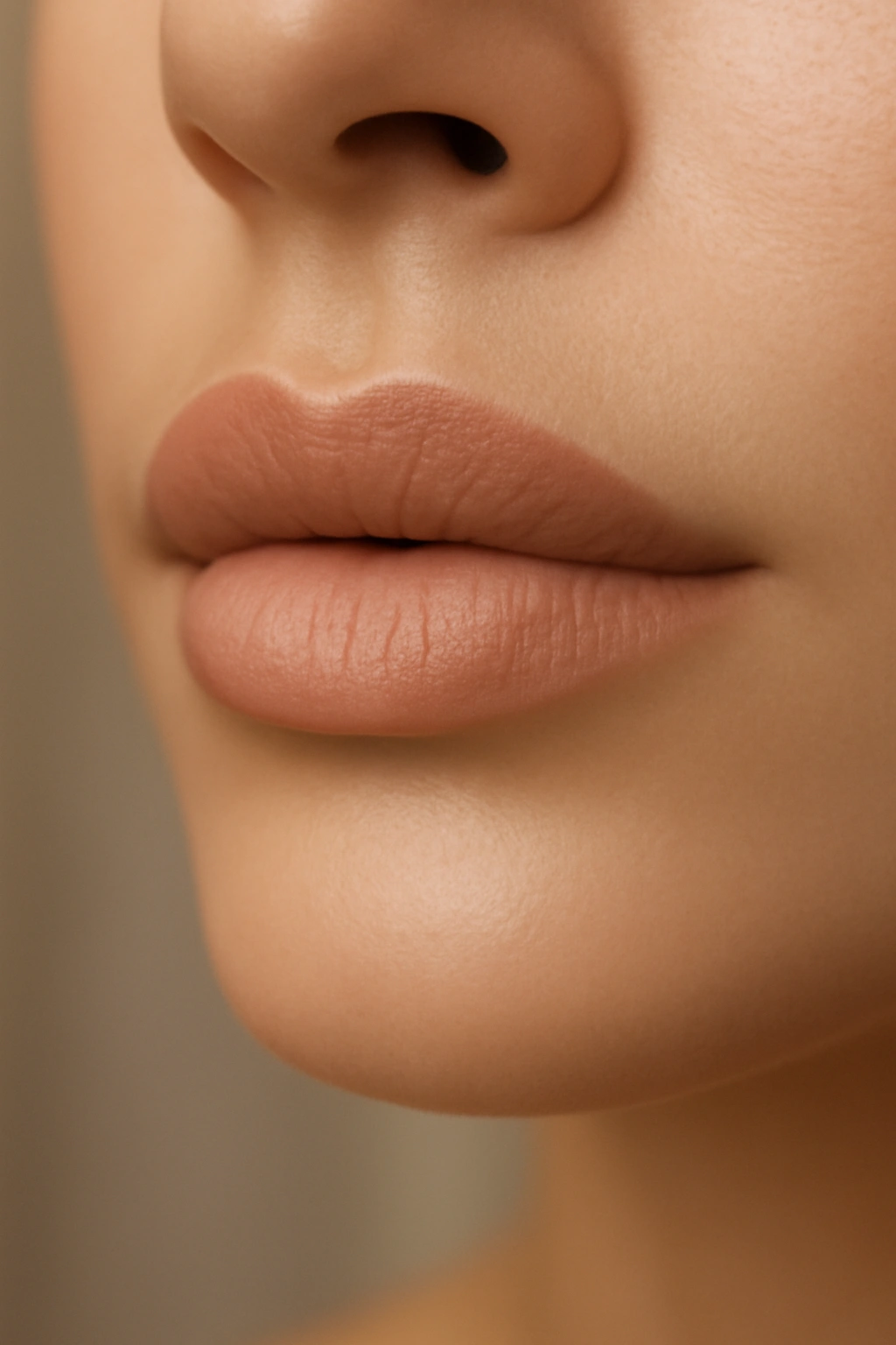 Polished warm beige nude lipstick for a natural wedding day look