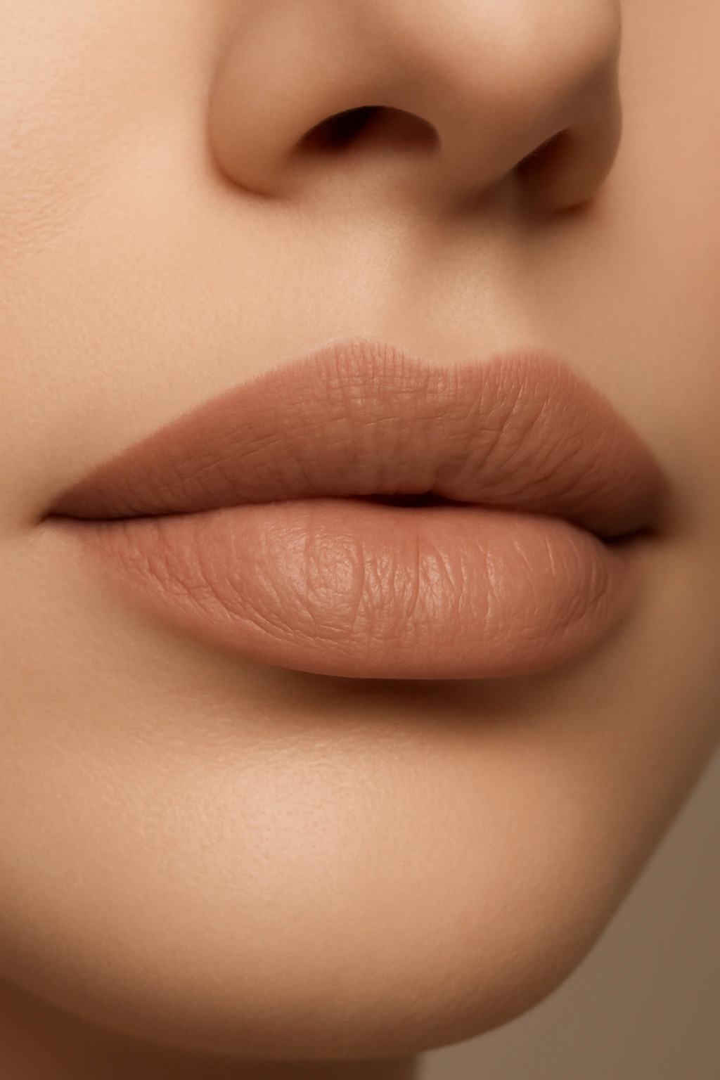 Understated warm beige nude lipstick for a polished and clean wedding makeup look