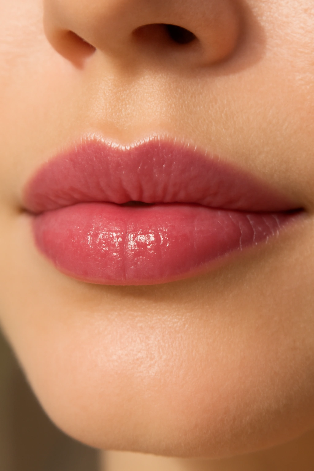 Close up of lips with a sheer berry balm providing a subtle tint and healthy sheen for a wedding guest look.