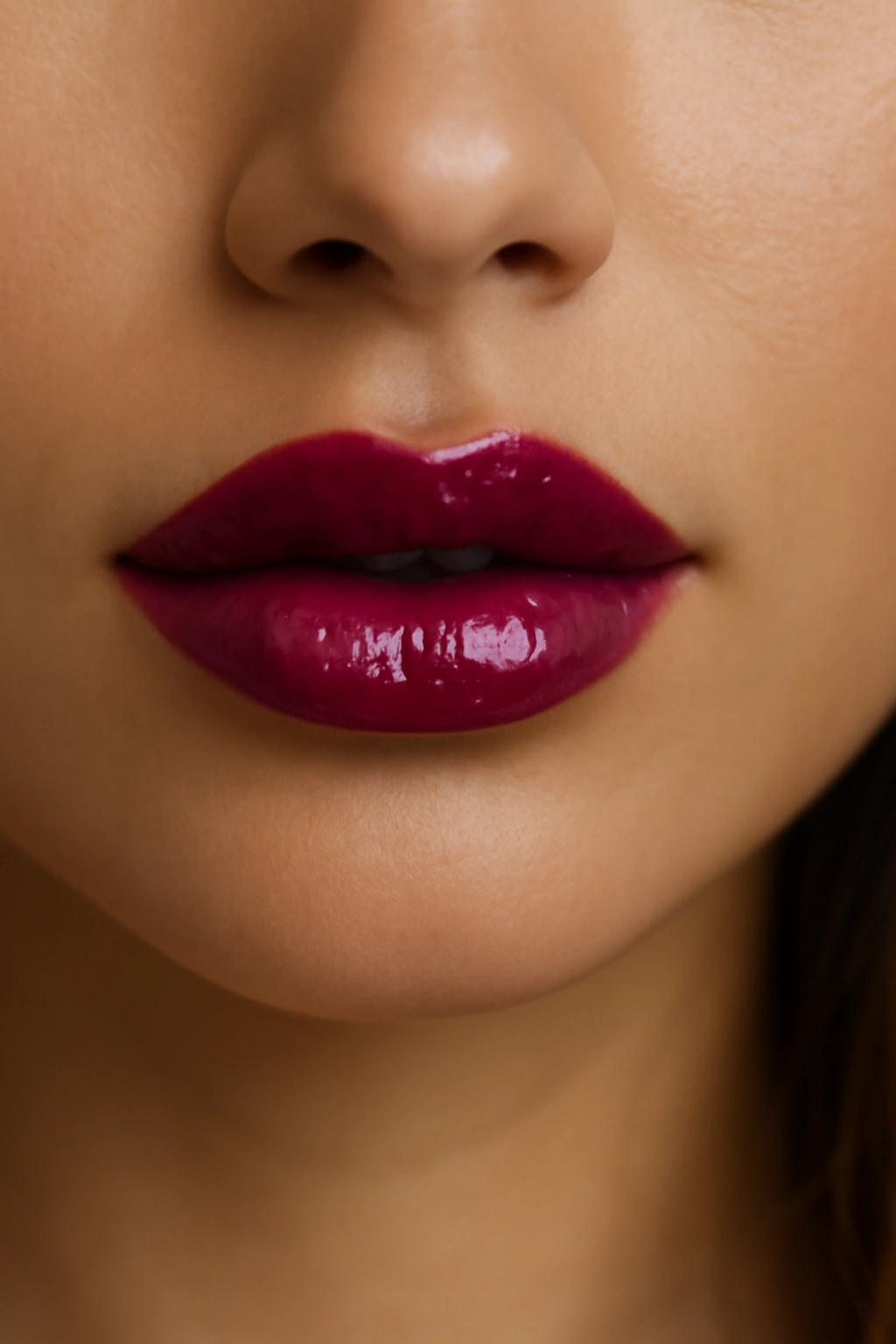 Lips adorned with rich berry gloss, high-shine finish.