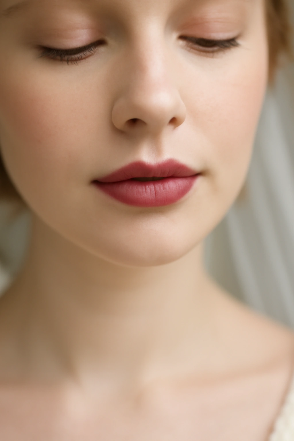 Natural muted berry lip stain on a bride for an effortless flushed look.