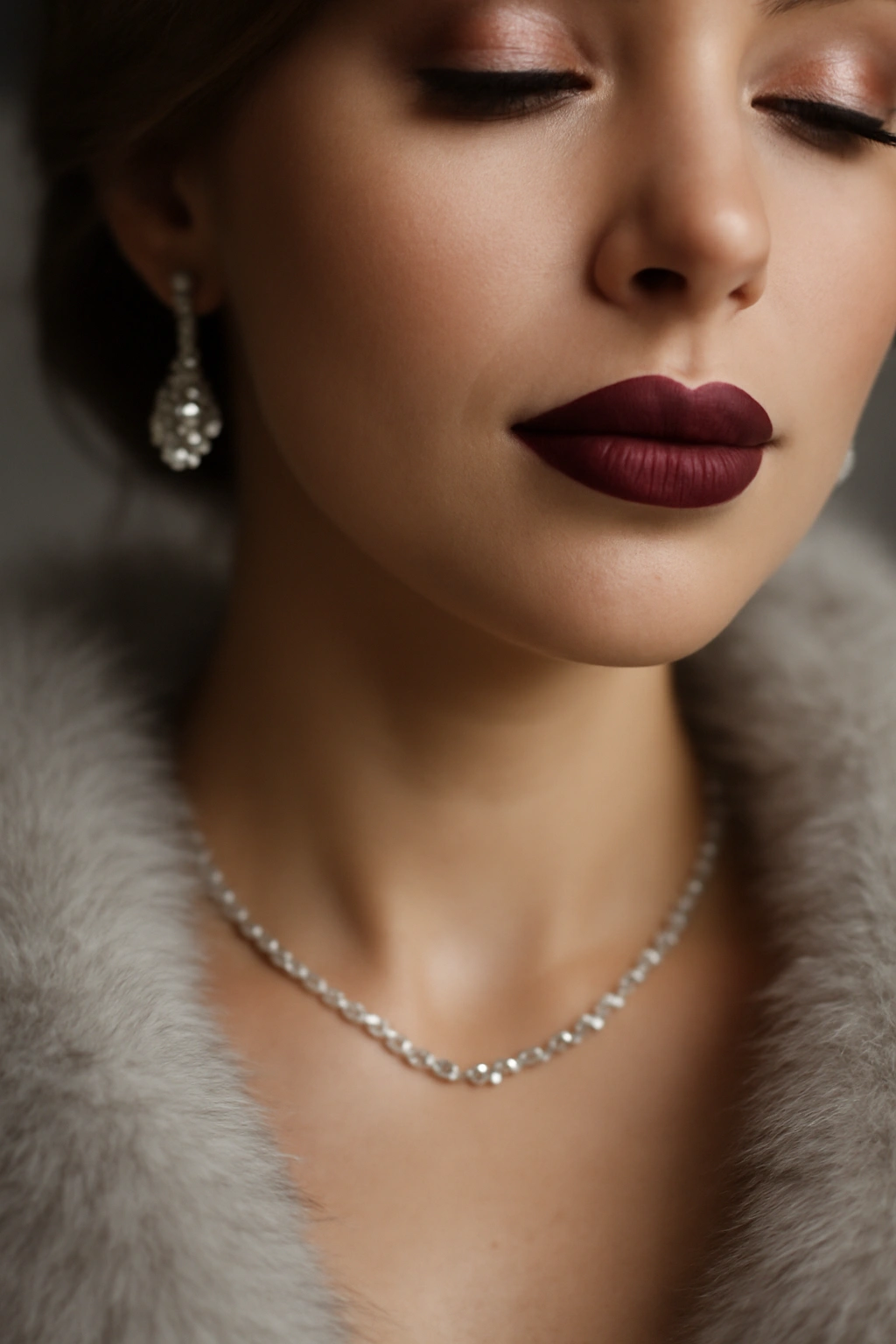 Deep berry colored lipstick on a bride for a sophisticated winter wedding look