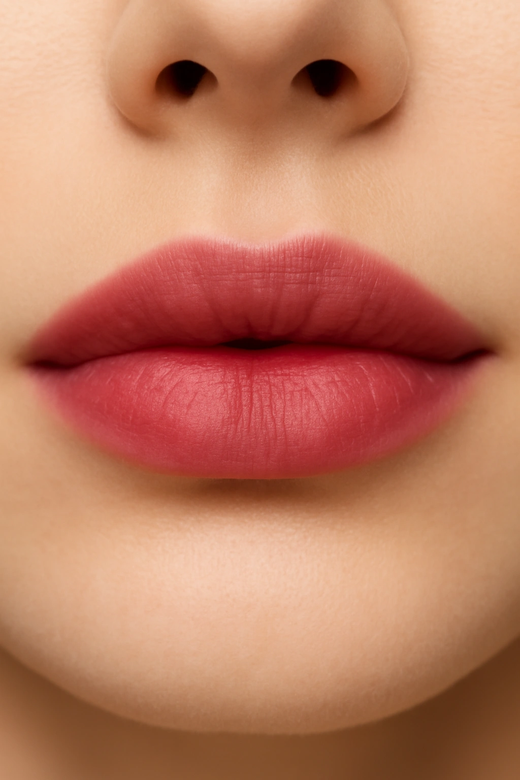 Natural berry stain lip look with a sheer flushed finish.
