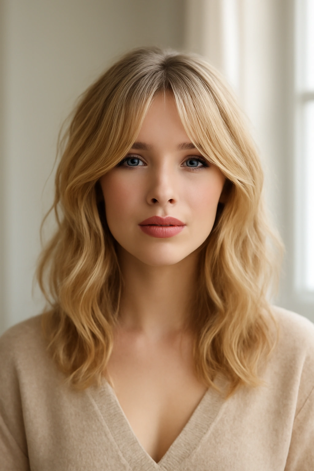 Woman with soft blonde curtain bangs framing her face in a romantic style
