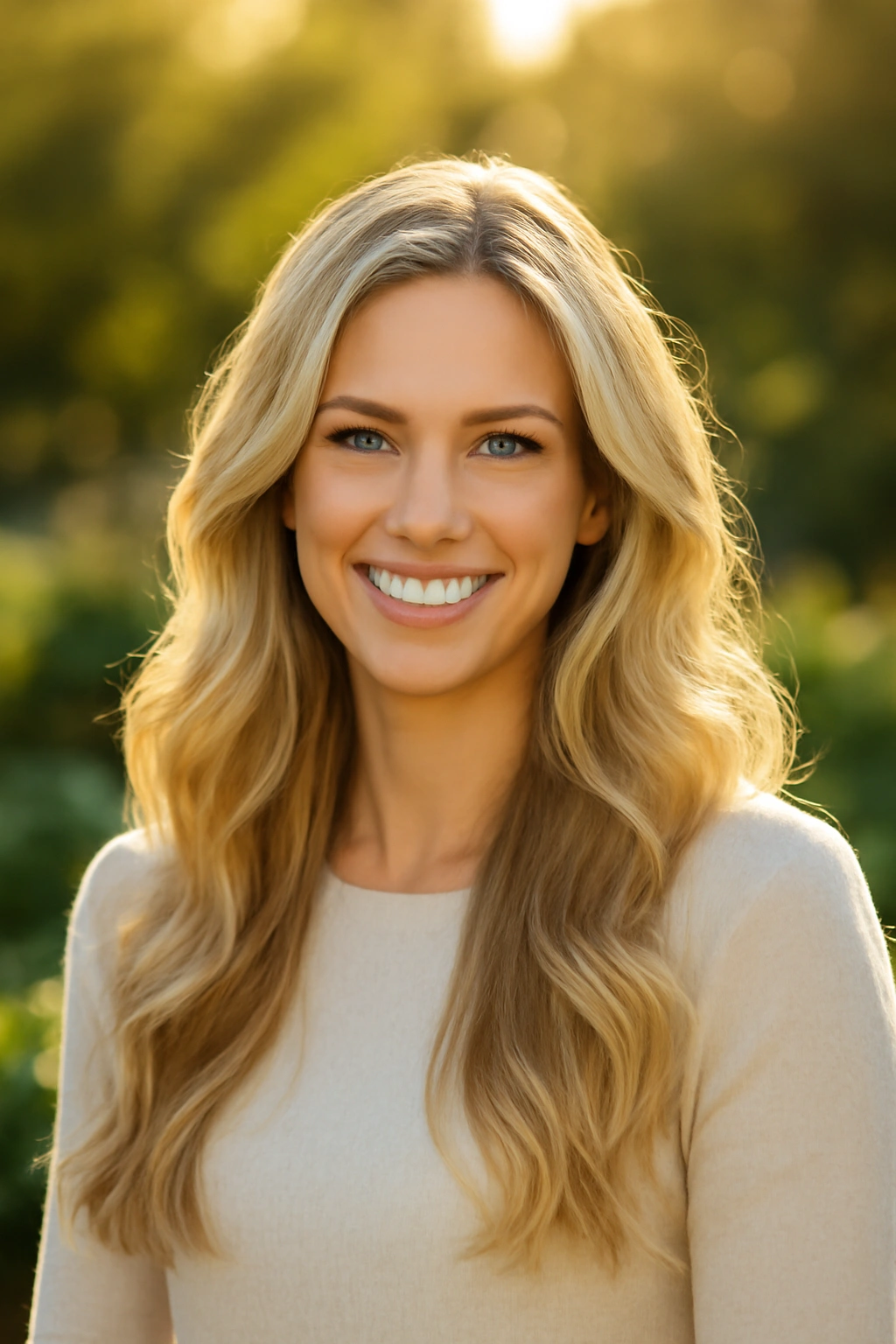 Confident woman with glowing blonde hair smiling in the natural sunlight