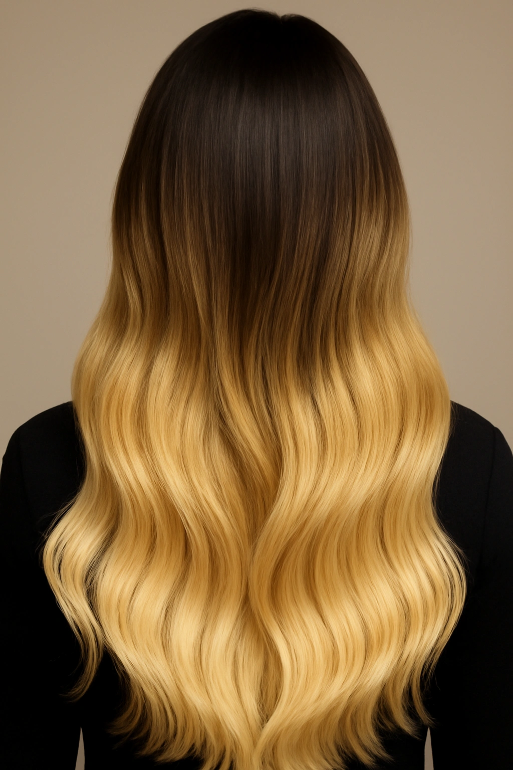 Long hair showing a blonde ombre effect, transitioning from dark brown roots to bright golden blonde ends.