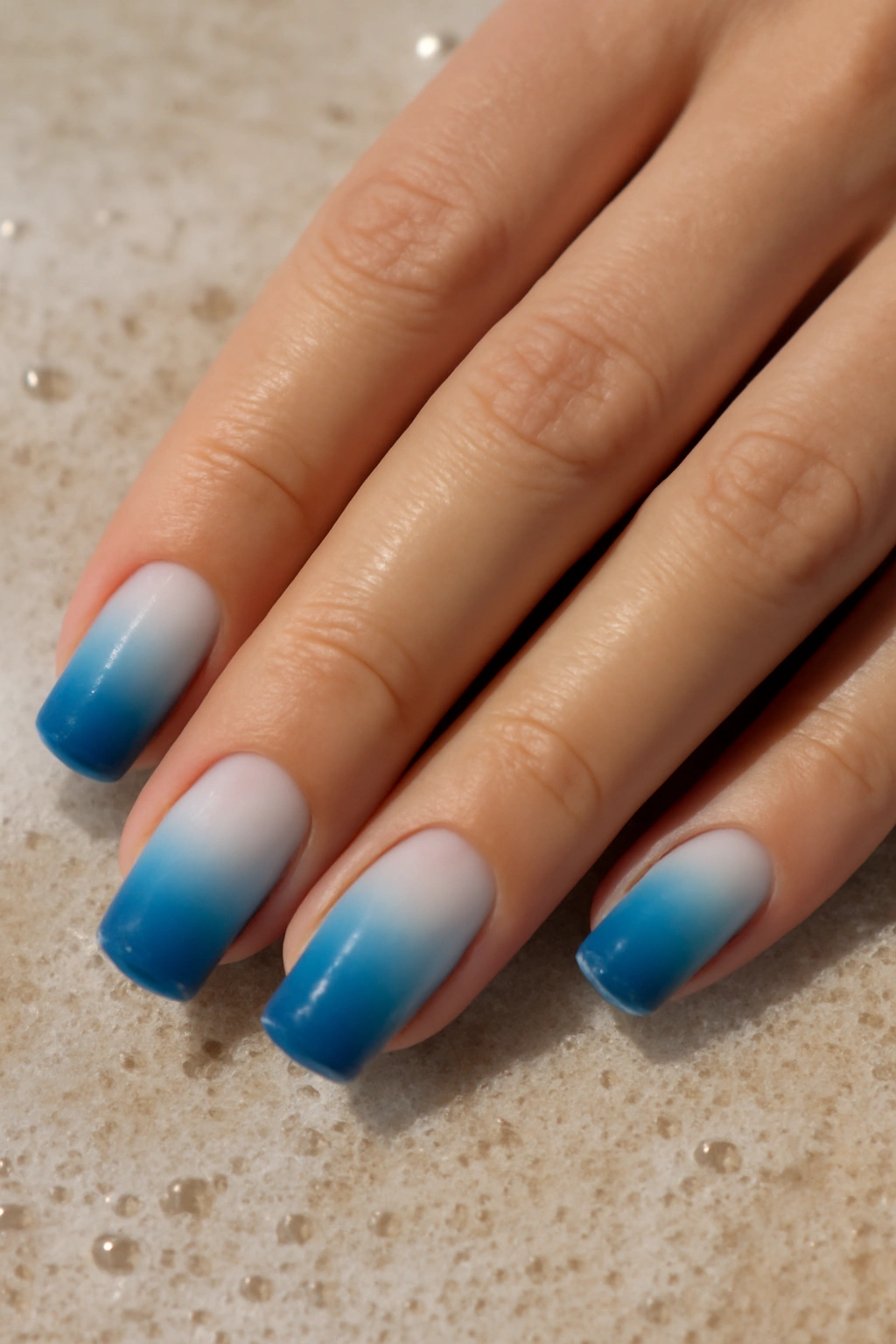 Close up of ombre ocean blue nails with white to deep blue gradient on a sandy beach.