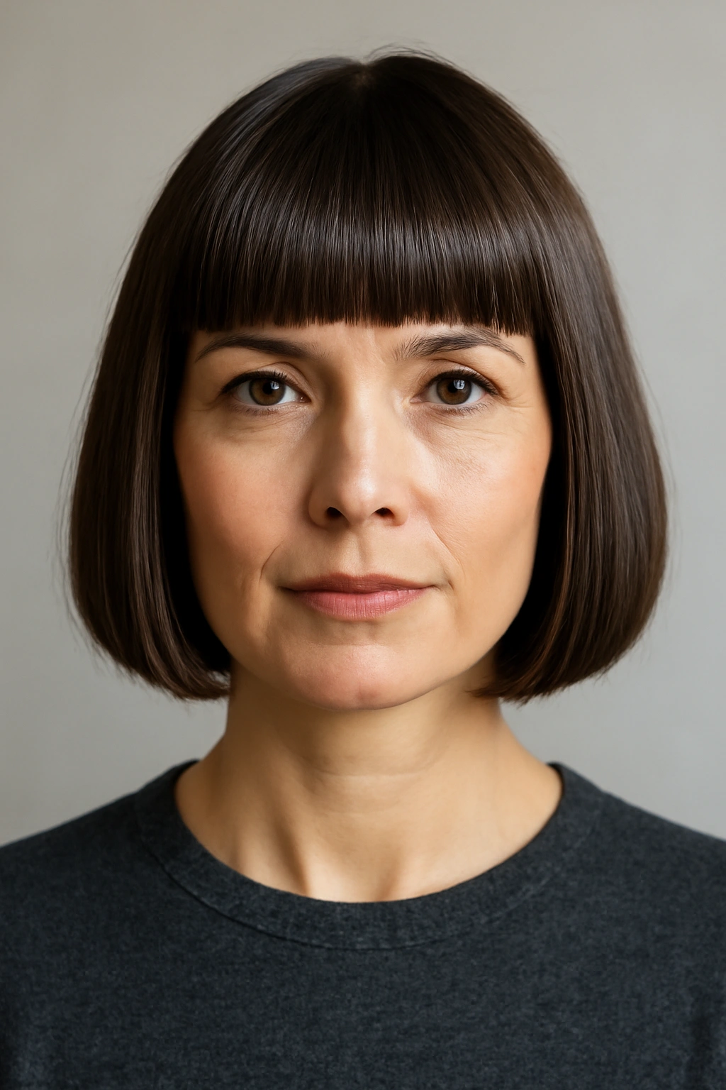 Portrait of a woman with blunt bob and full bangs