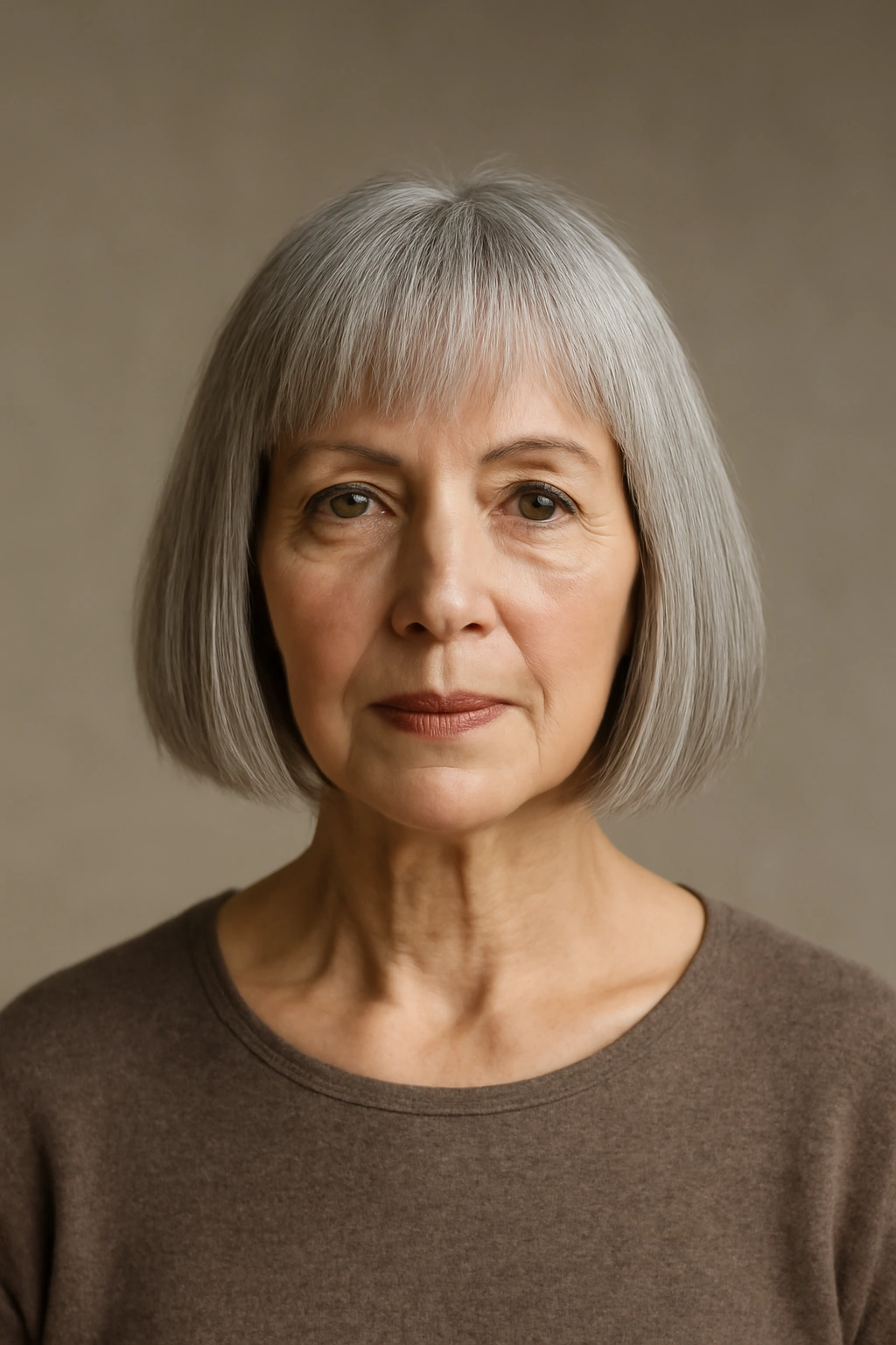 Frontal portrait of blunt bob with uniform length and dense edge