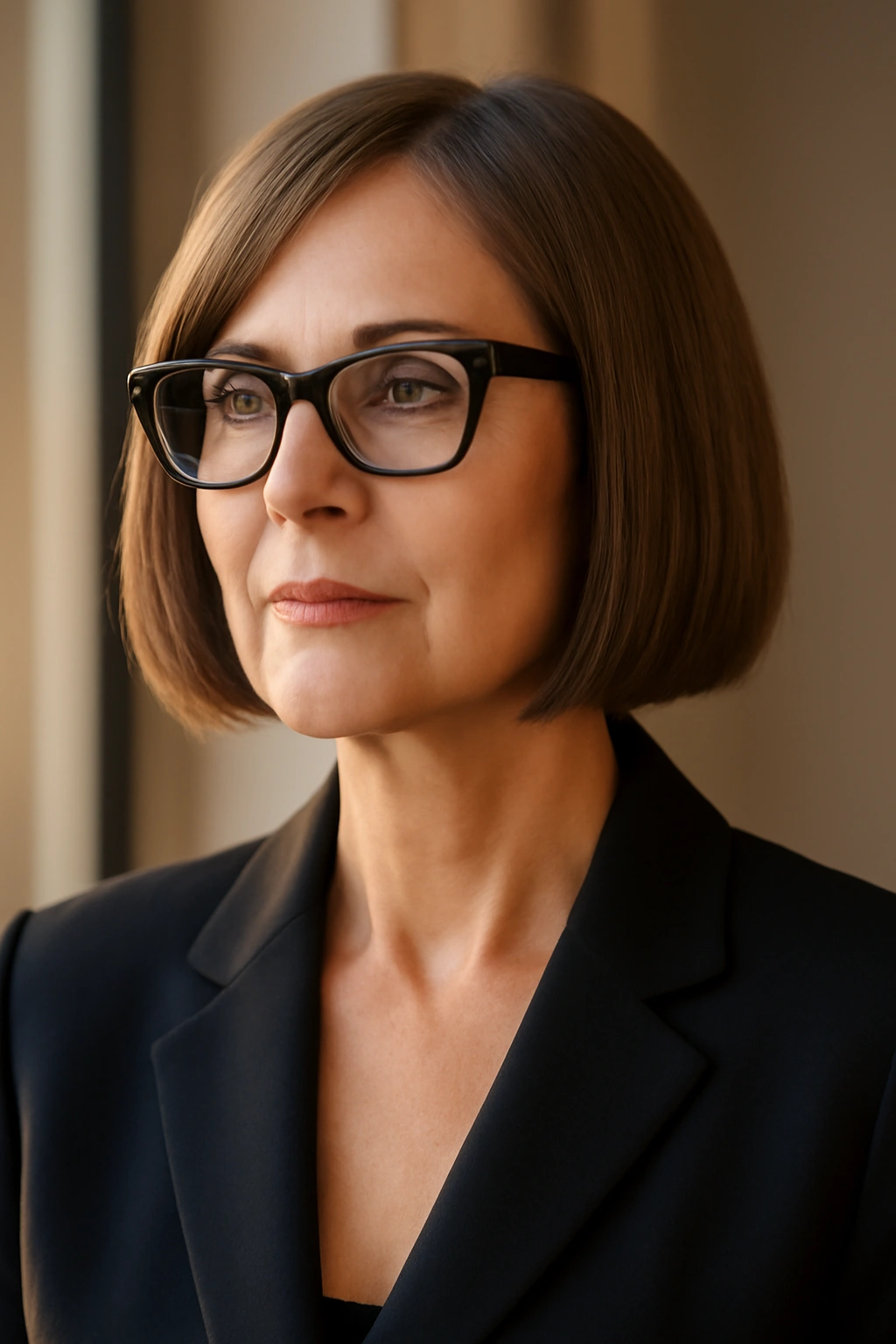 Sophisticated woman over 50 wearing glasses with a blunt chin-length bob