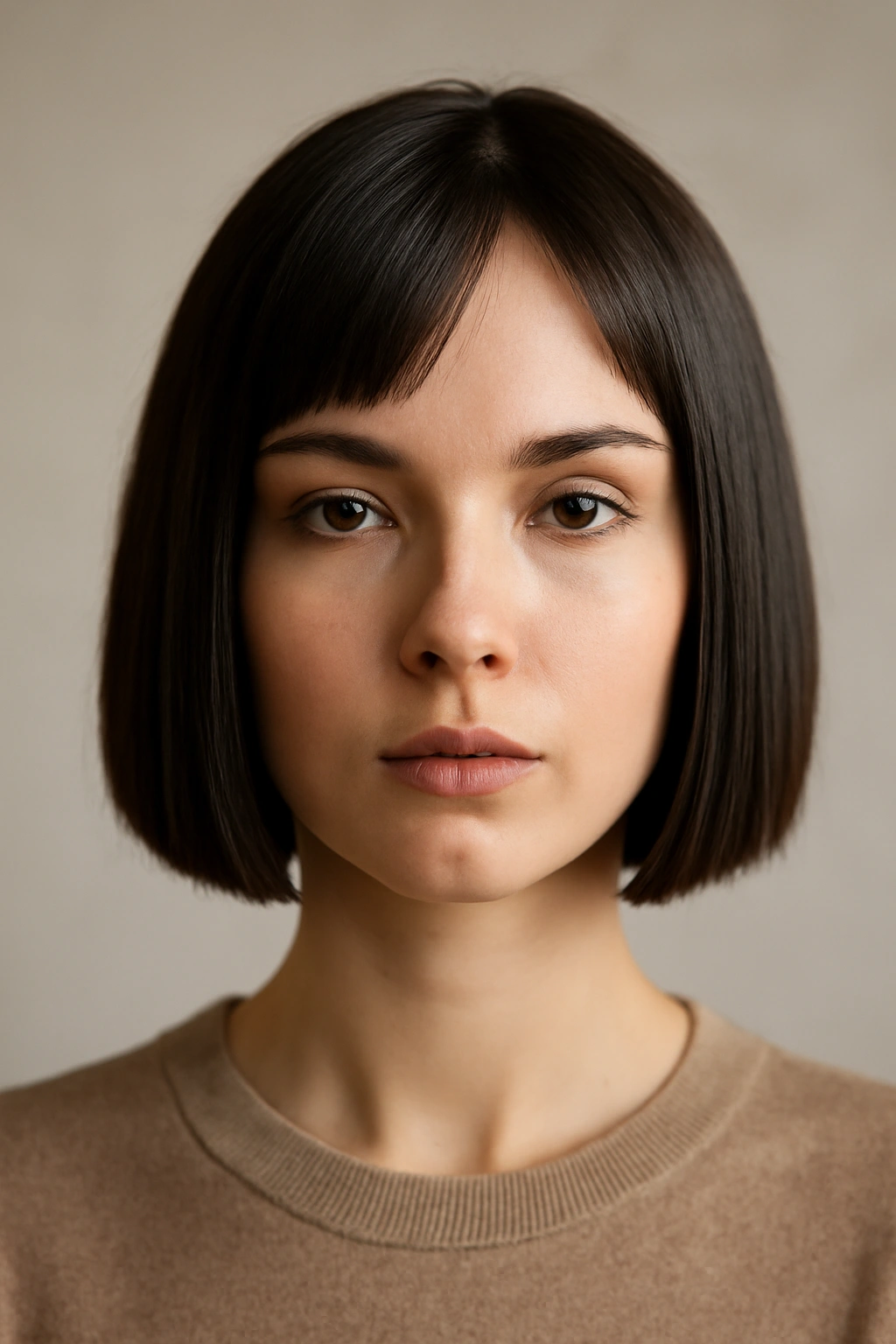 Blunt cut bob with a sharp straight bottom edge.