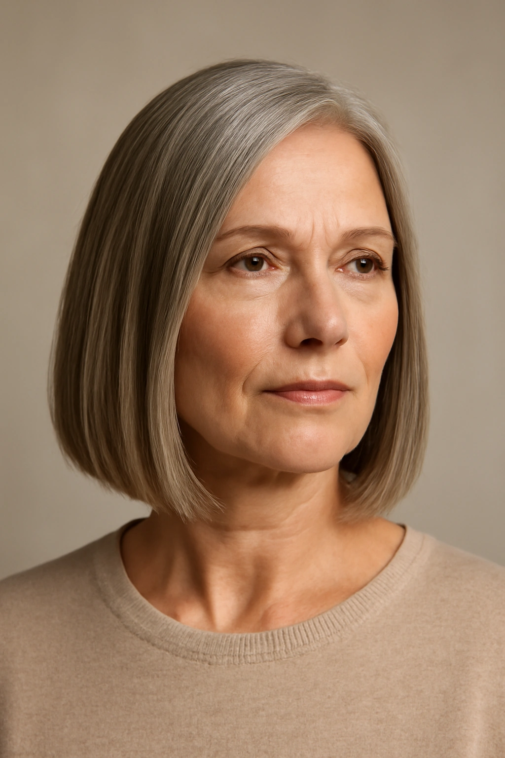 Over-50 woman with a blunt collarbone-length cut