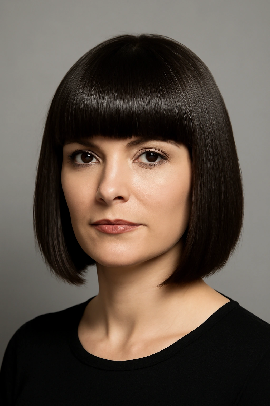 Sleek blunt cut hair with a full fringe on a woman