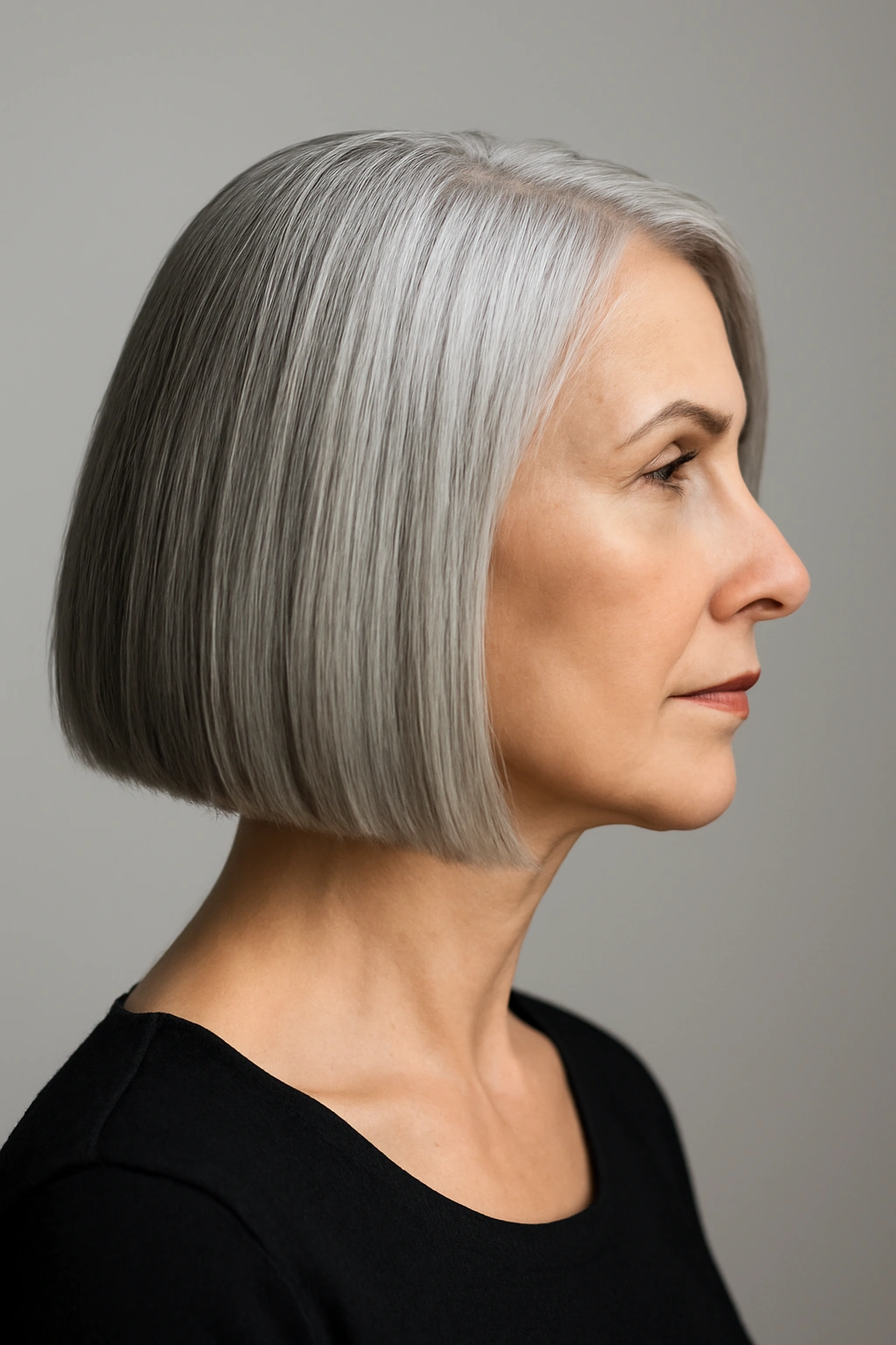 Sleek blunt cut silver bob hairstyle on a woman over 50 with a sharp jawline