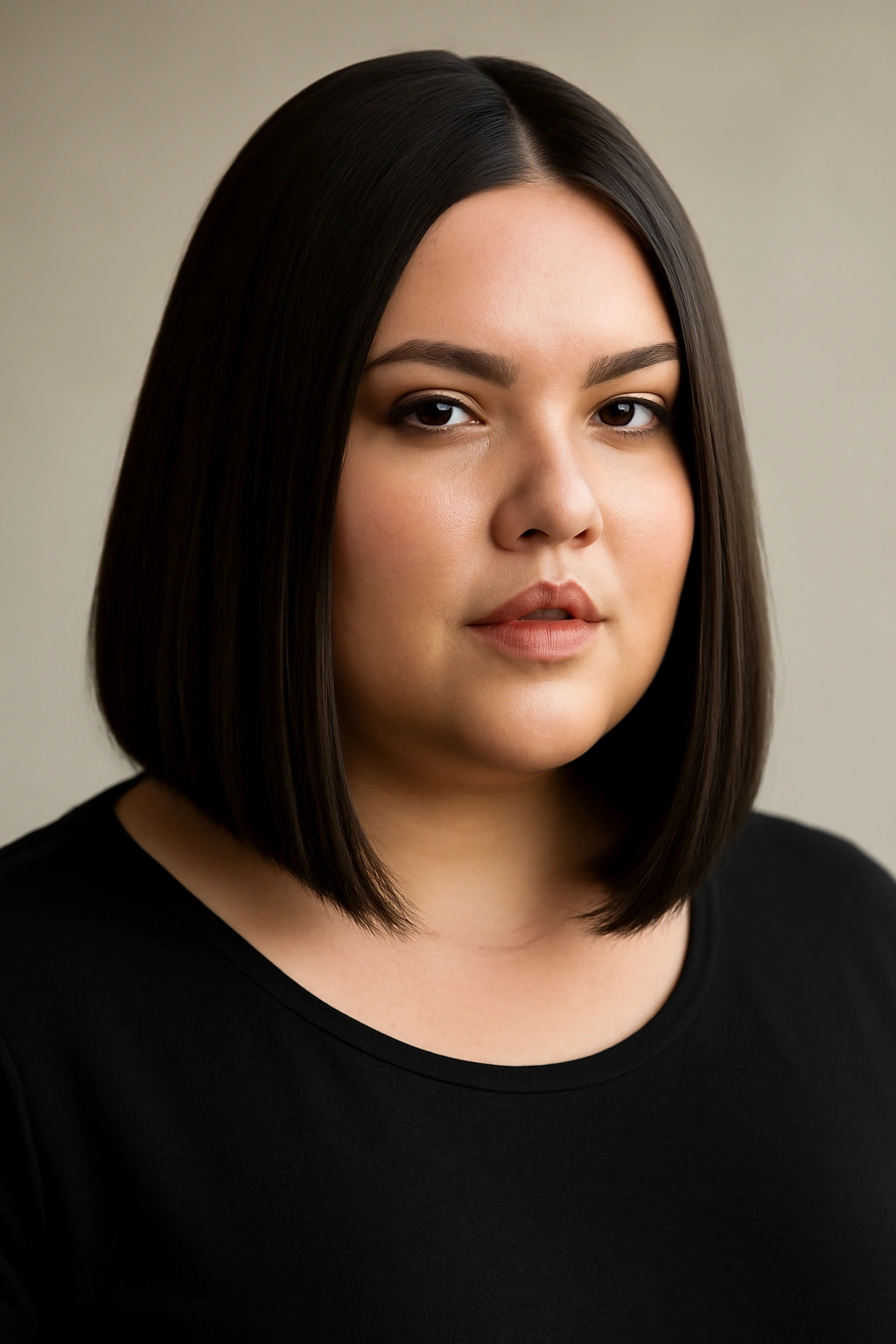 Plus-size model with sleek blunt-cut lob framing the face