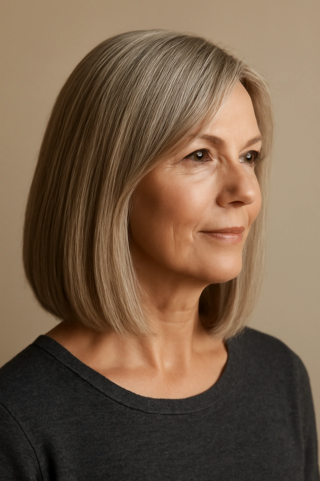 Over-50 woman with a one-length blunt cut and subtle internal layers