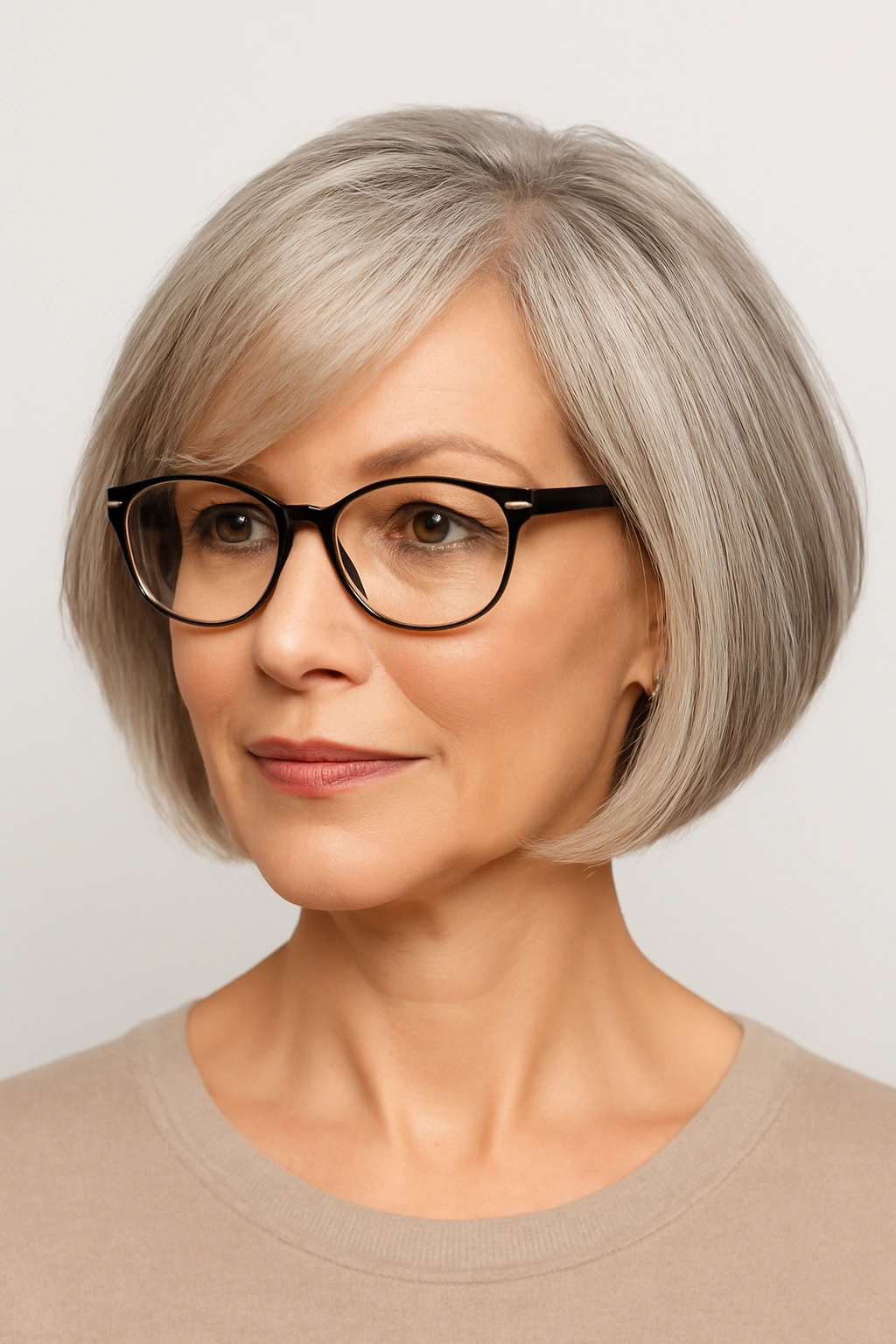 Woman over 50 with a jawline-length chic bob and side-swept bangs wearing glasses.