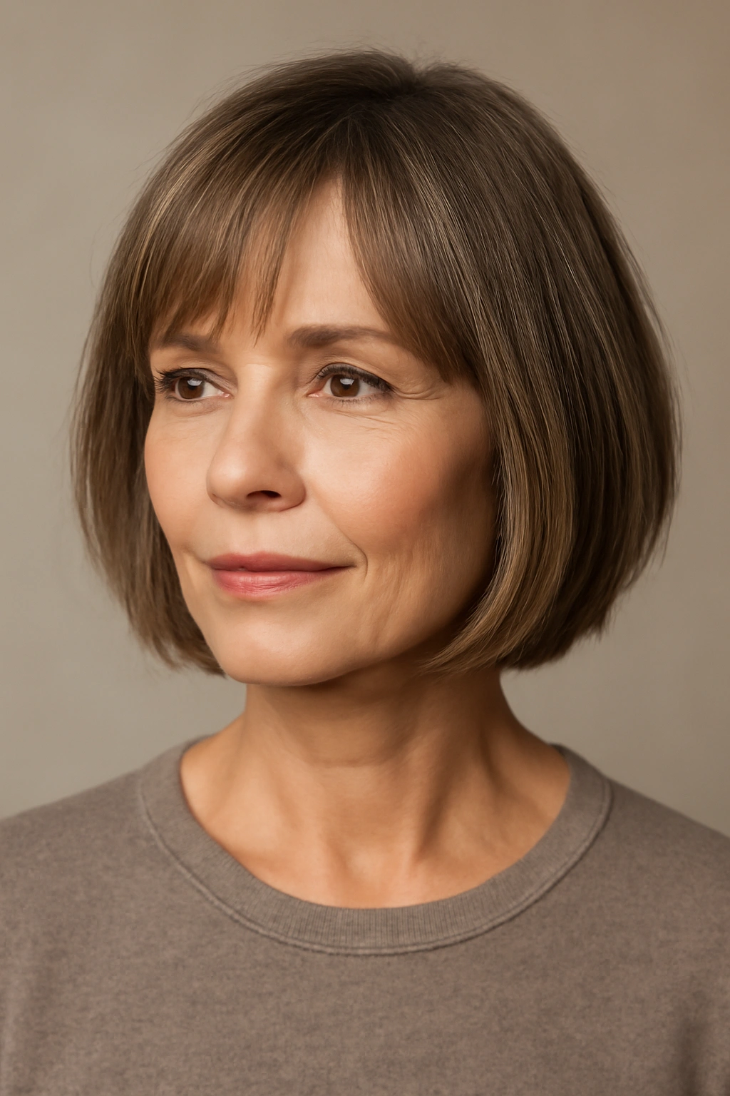 Portrait of a woman with a chin-length bob and wispy bangs.