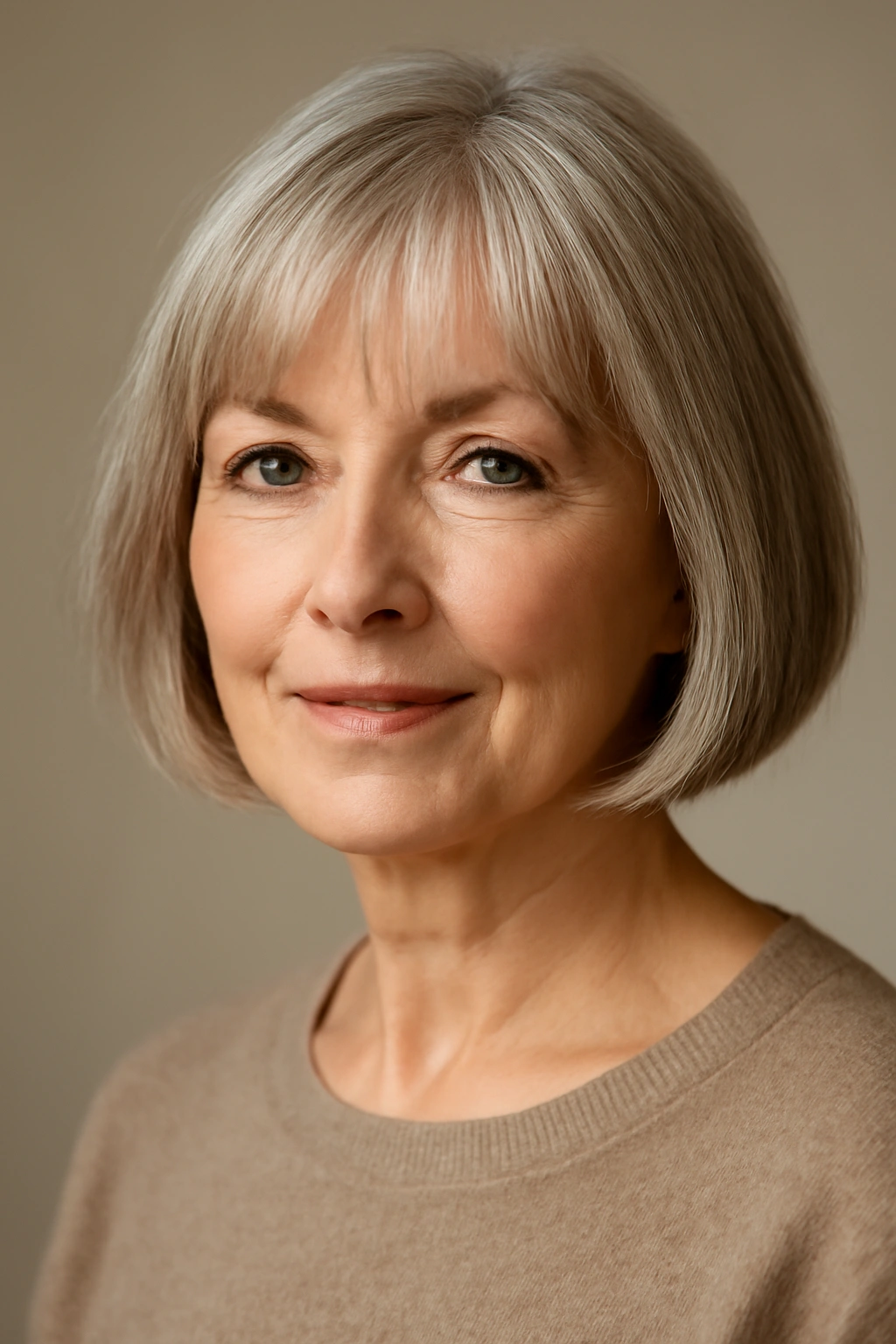 Close-up of a mature woman with a bob haircut and wispy bangs