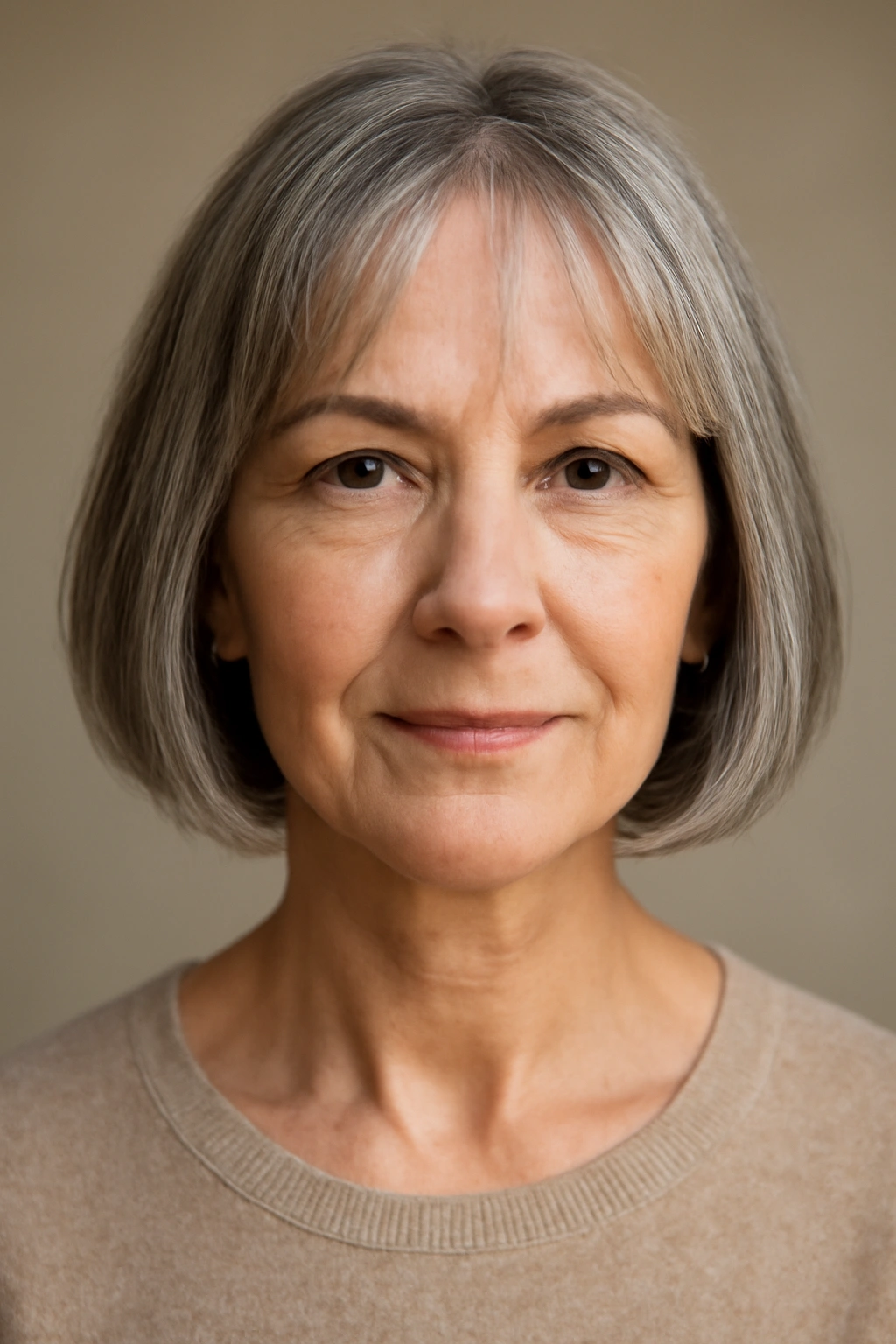 Woman 60+ with bob and curtain bangs framing her face