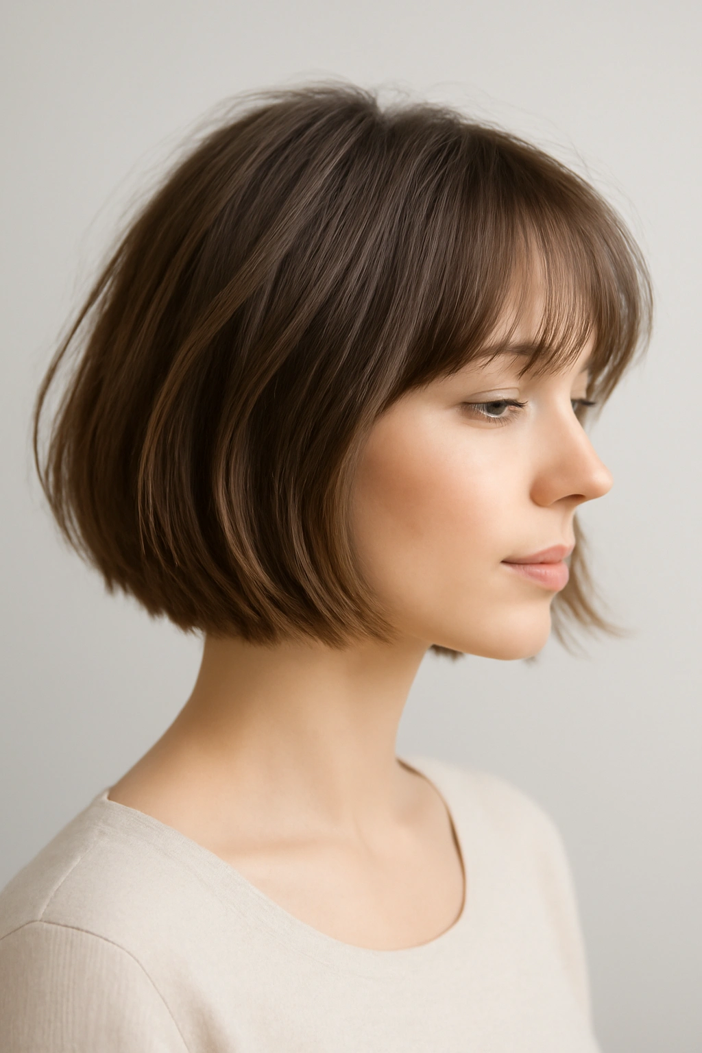 Chin-length bob haircut with light wispy bangs for a chic and playful appearance