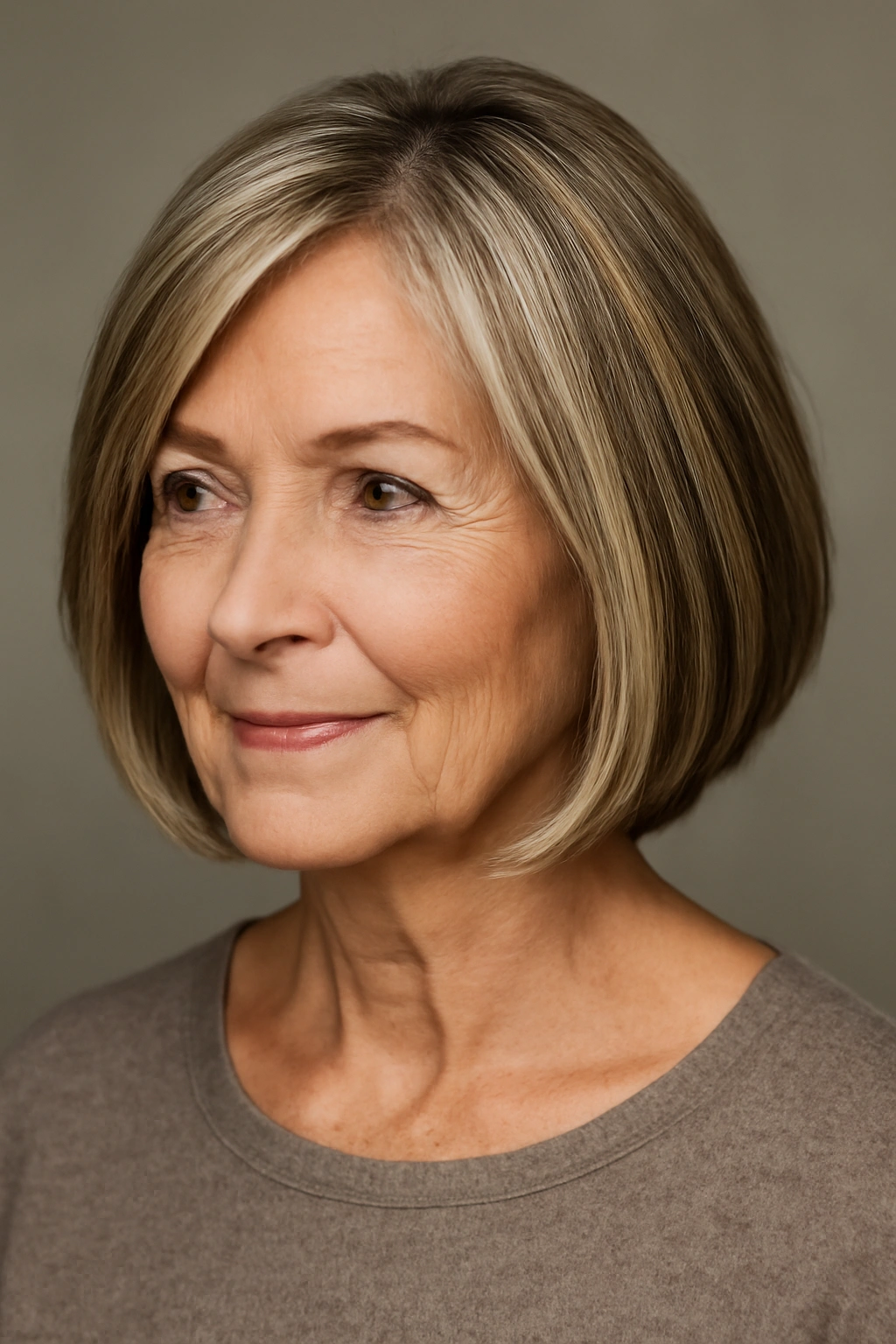 Woman over 60 with a bob featuring soft blended highlights