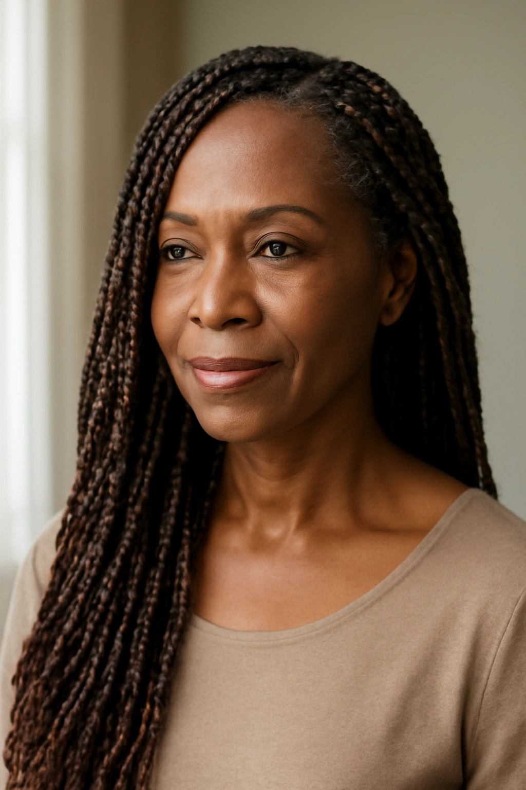 Black woman over 50 with box braids featuring burgundy highlights in a soft-lit indoor setting