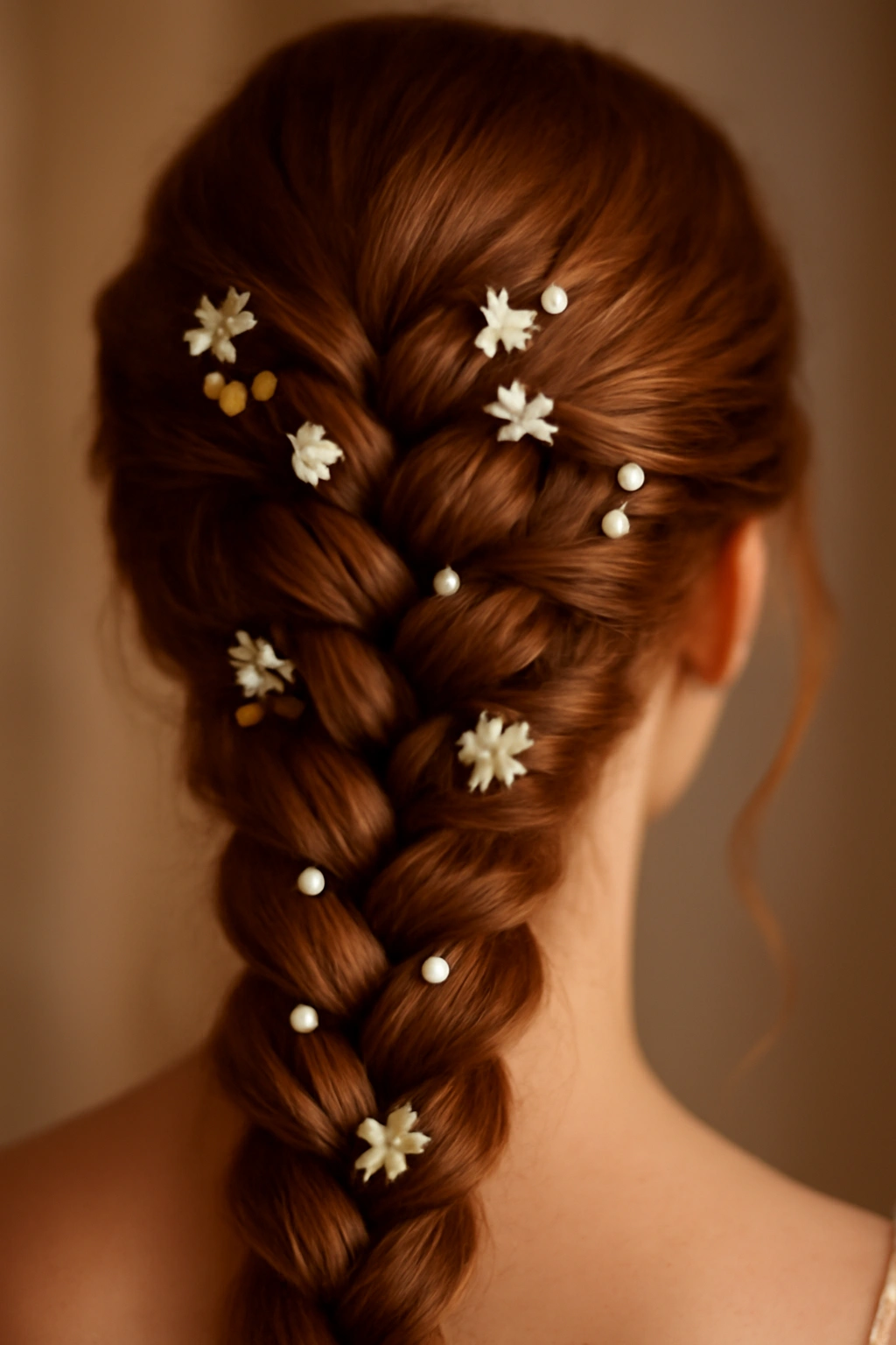 Close up of a Dutch braid decorated with small white flowers and pearl pins on auburn hair.