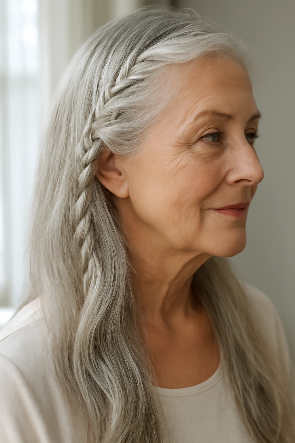Single delicate braid accent in long silver hair for a woman over 70.