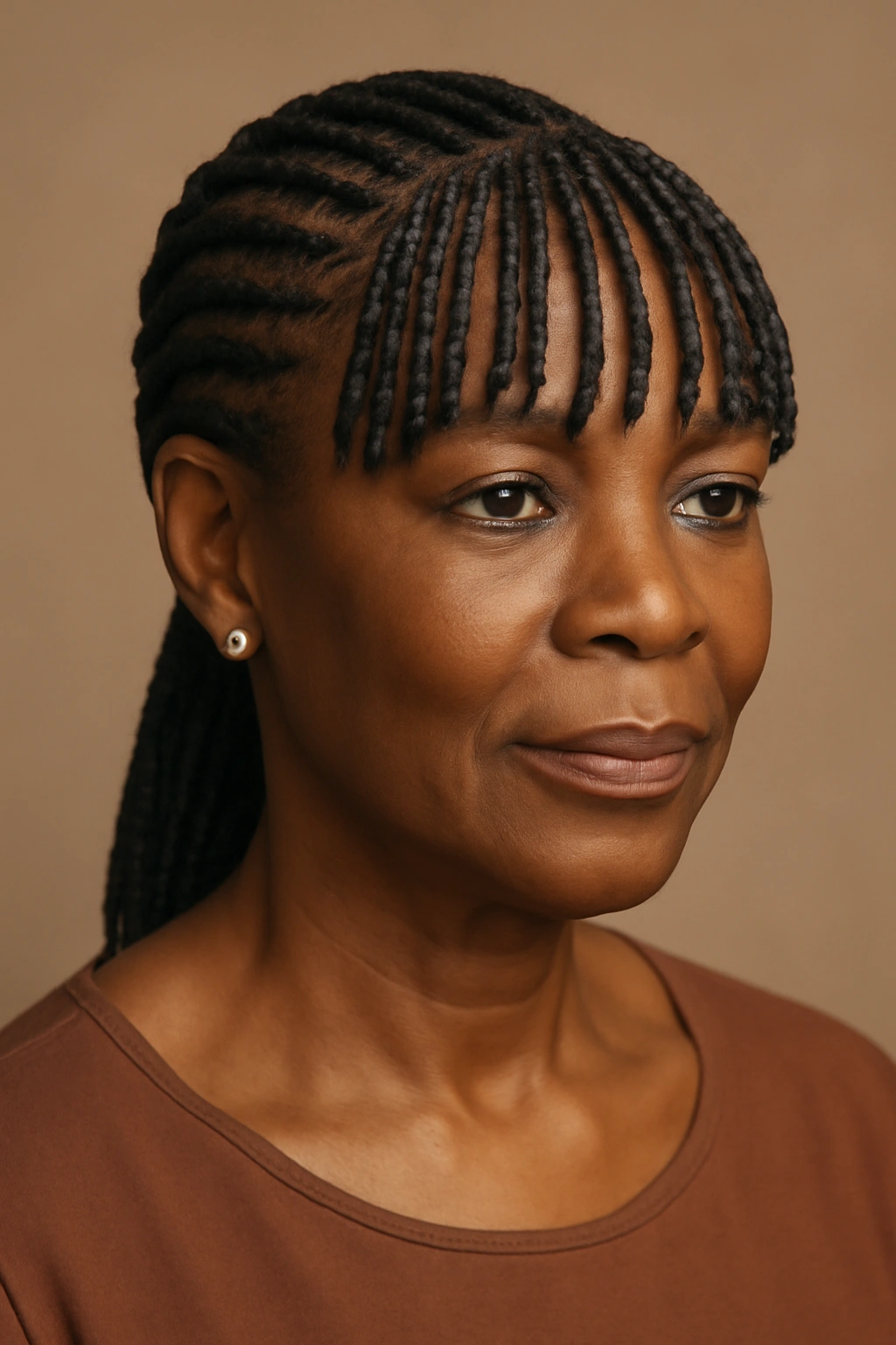 Sophisticated braids with bangs hairstyle on an elegant Black woman over 50 in a studio setting.