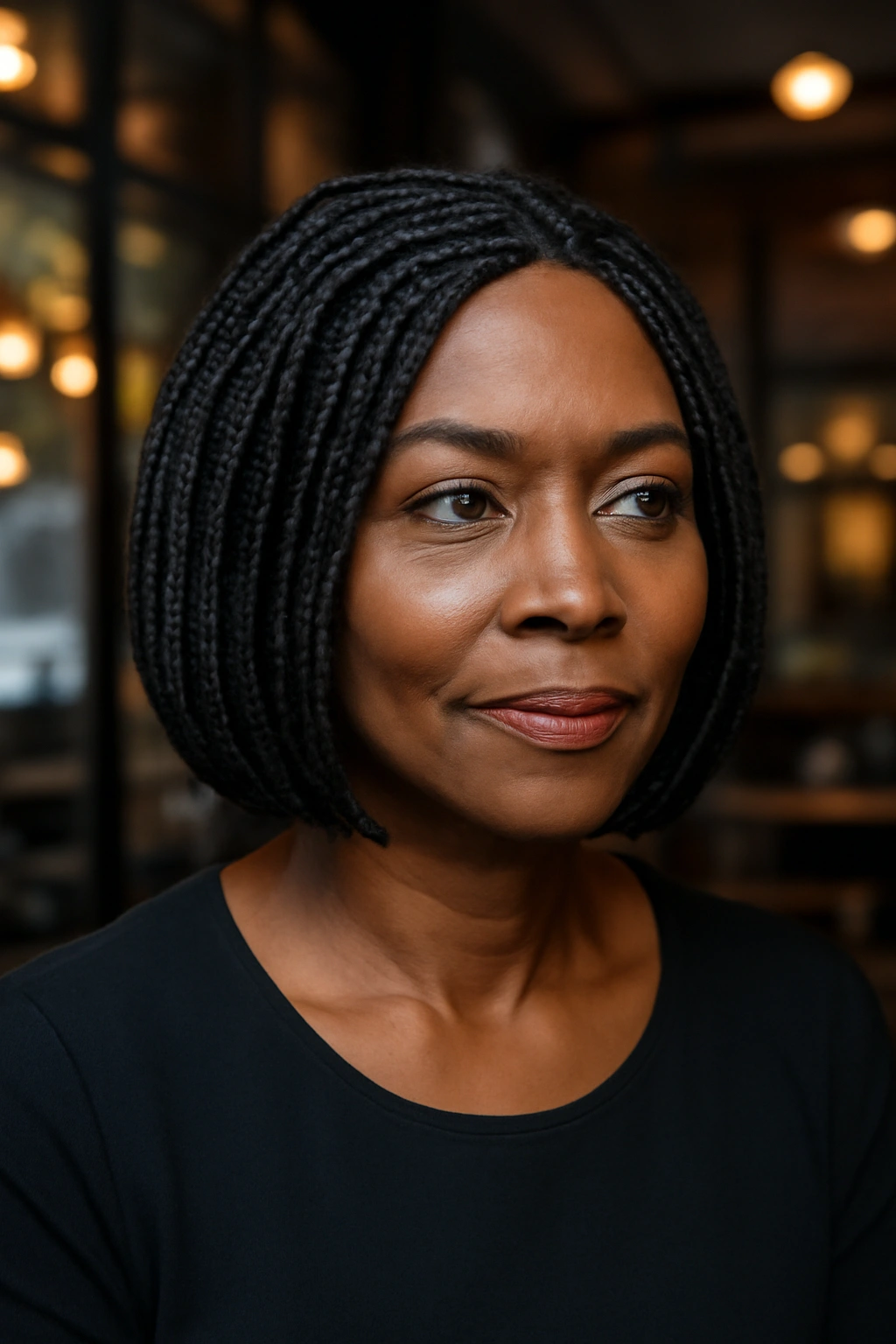 Chic chin-length braided bob hairstyle on a sophisticated black woman over 50