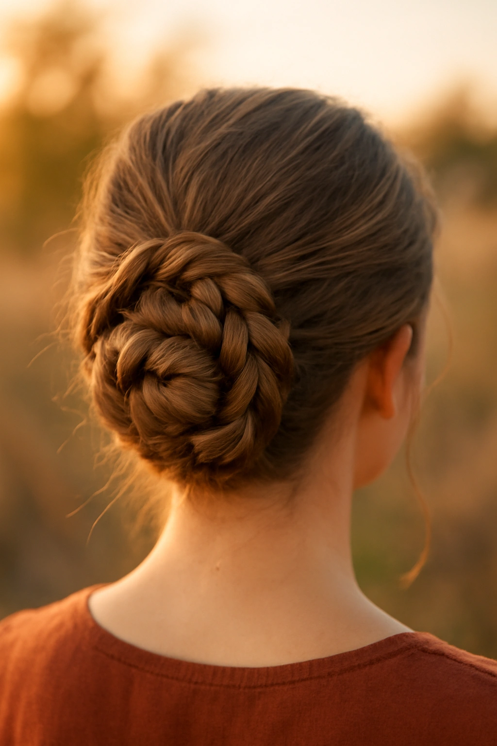 Back view of a braided bun hairstyle with a boho flair