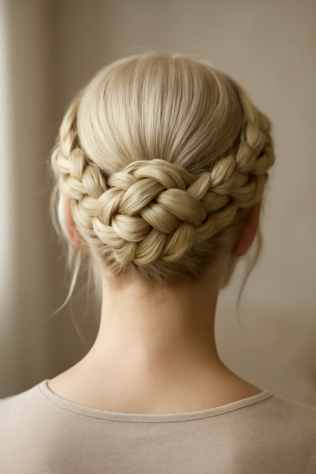 Platinum hair styled into a braided crown bun with a beautiful halo effect.