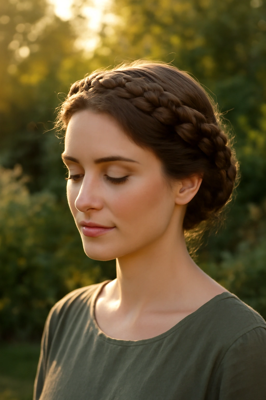 A woman wearing a braided crown hairstyle with braids pinned like a halo across the top of her head.