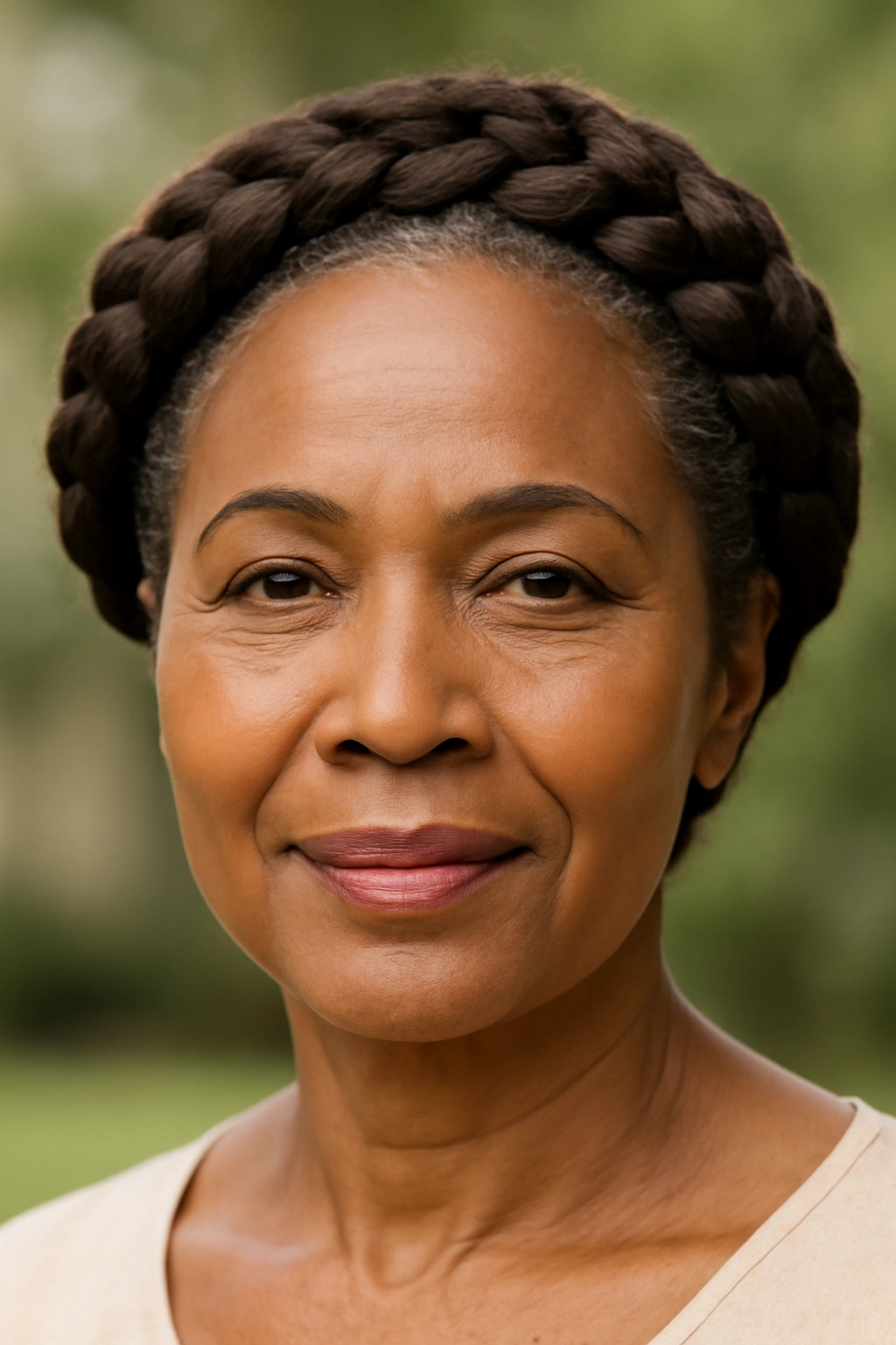 Elegant braided crown hairstyle encircling the head of a mature Black woman.