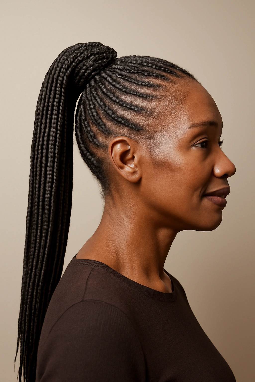 Sleek high braided ponytail on a mature Black woman with a braid-wrapped base.