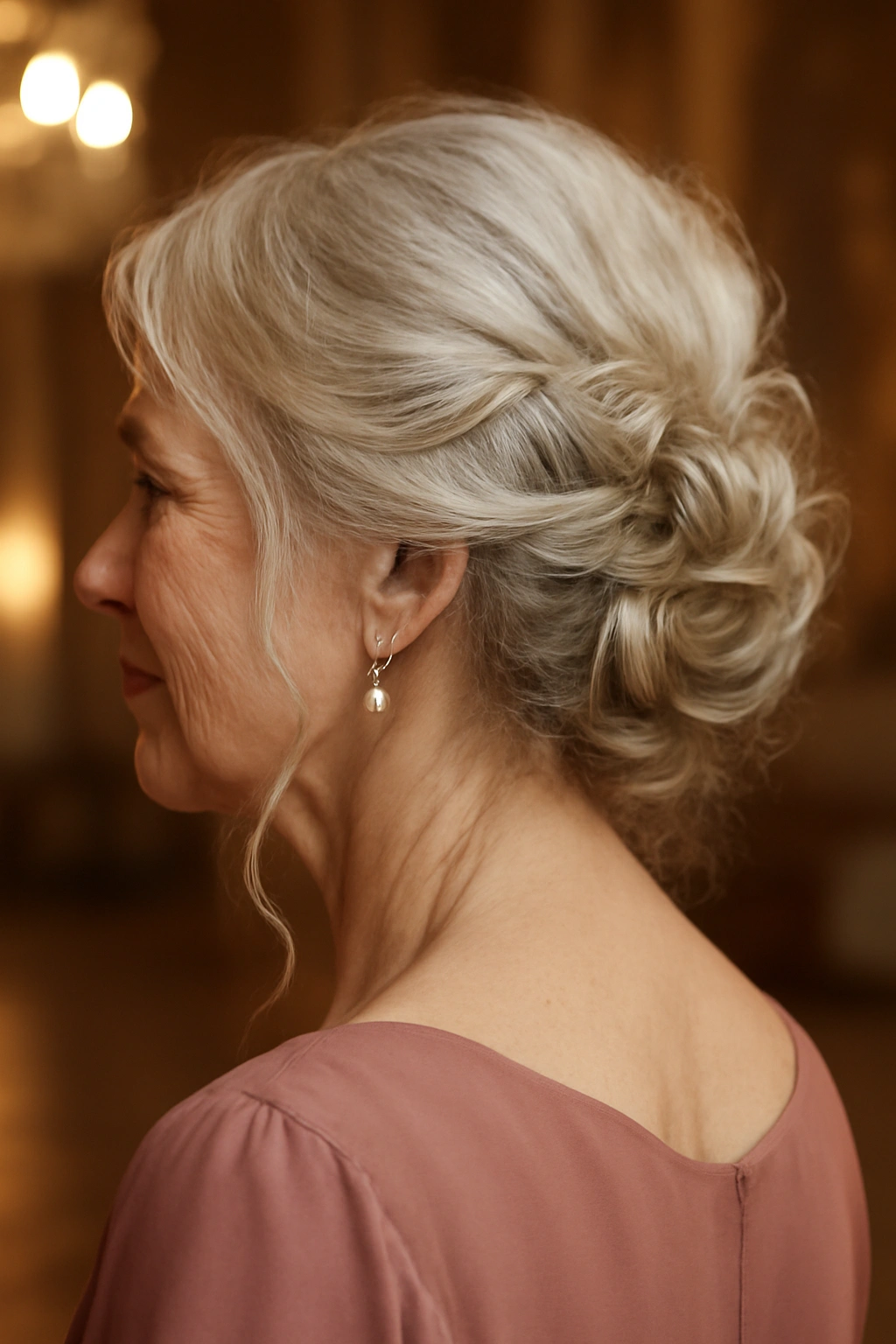 A soft and loose braided updo hairstyle with wispy strands on an elegant woman over 70.